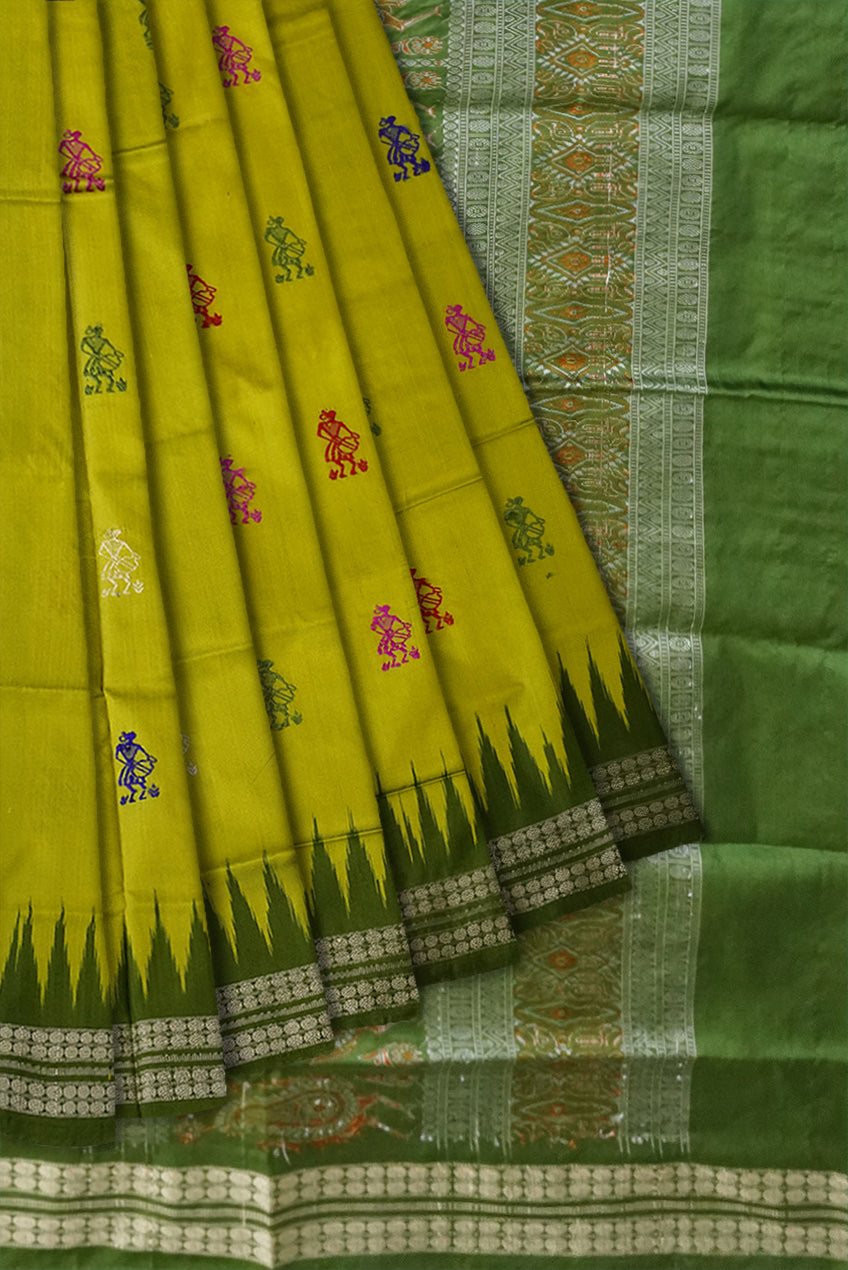 The latest Sambalpuri saree features terracotta body with bomkei pallu in yellow-green with olive green base, a stunning combination. - Koshali Arts & Crafts Enterprise