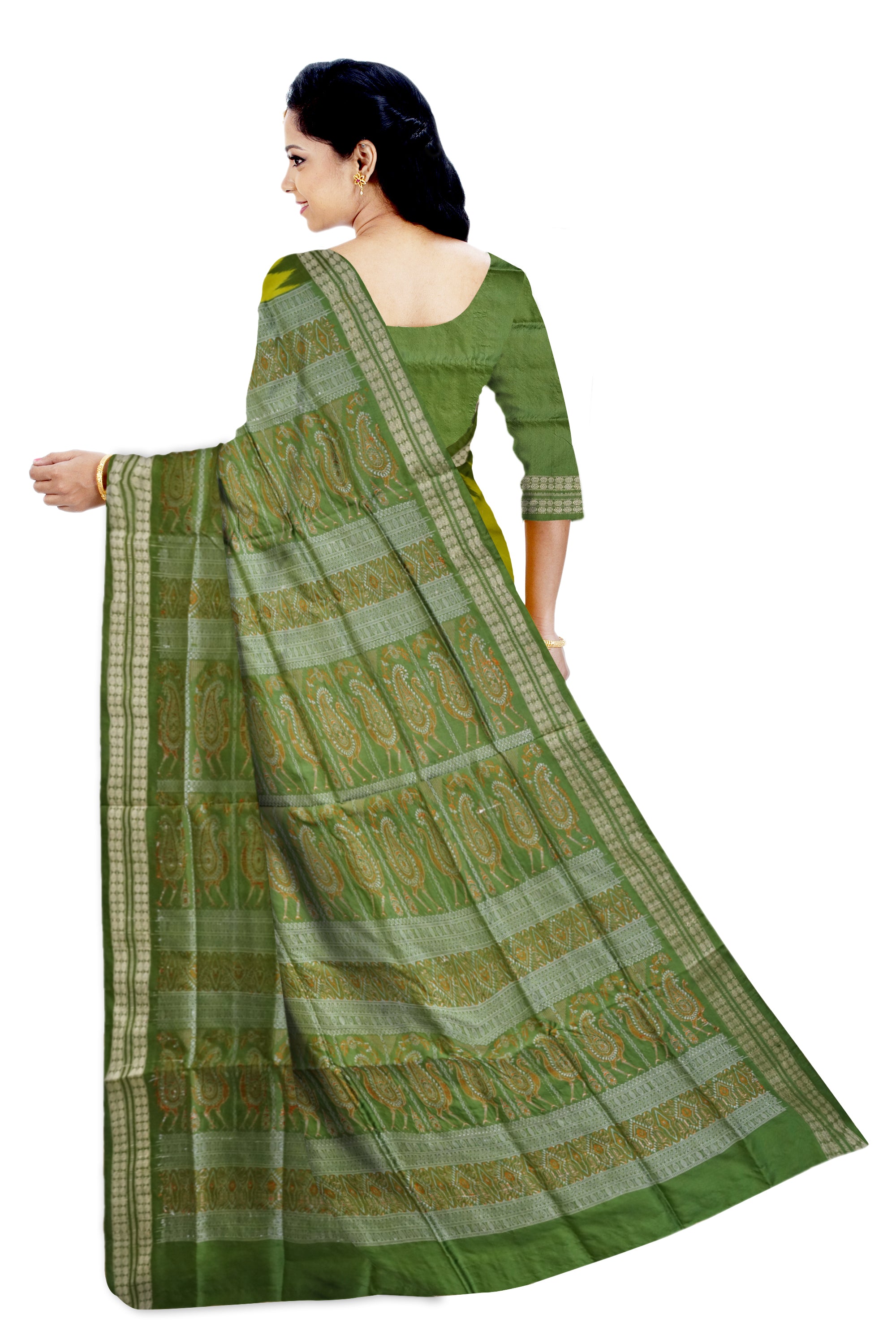 The latest Sambalpuri saree features terracotta body with bomkei pallu in yellow-green with olive green base, a stunning combination. - Koshali Arts & Crafts Enterprise