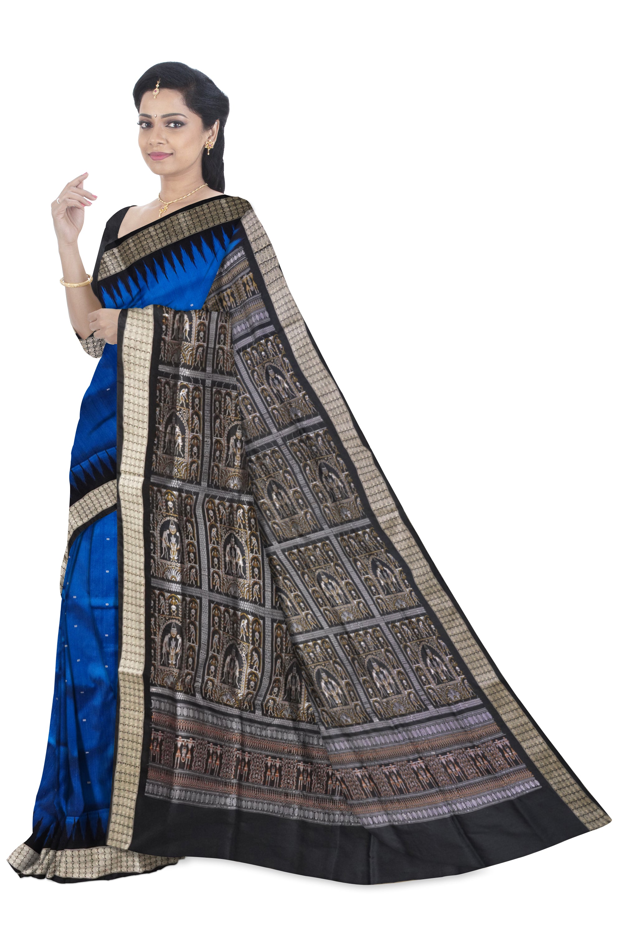 Blue and black pata saree, terracotta bomkei pallu, elegant and versatile. - Koshali Arts & Crafts Enterprise