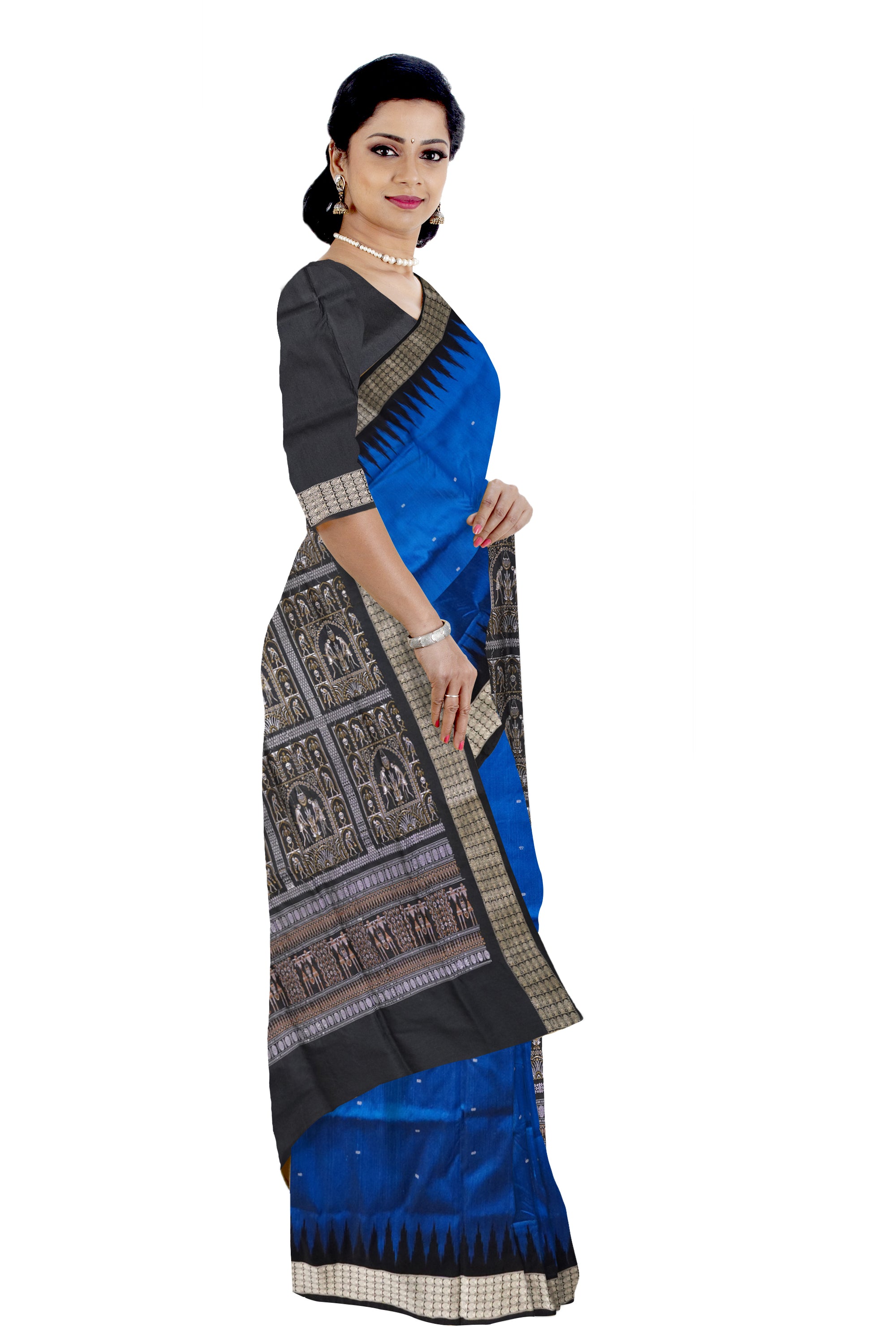 Blue and black pata saree, terracotta bomkei pallu, elegant and versatile. - Koshali Arts & Crafts Enterprise