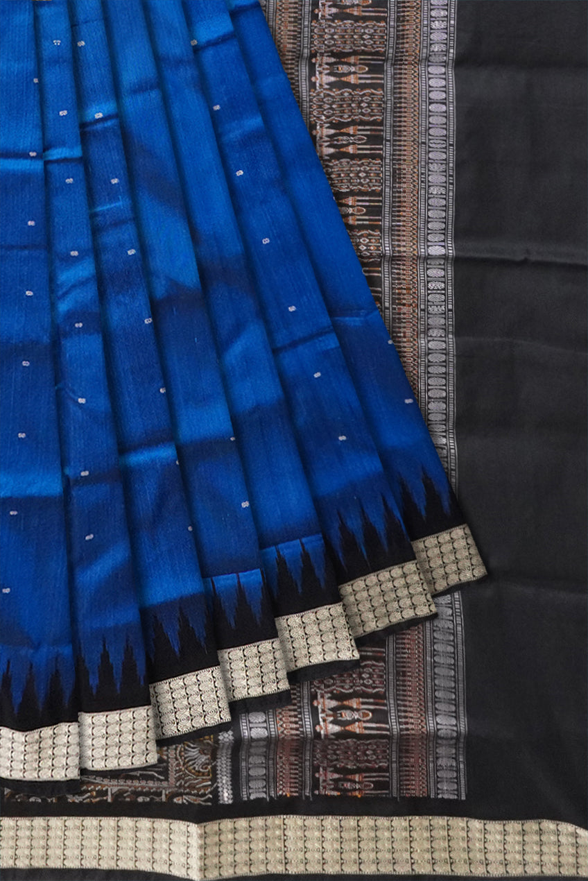 Blue and black pata saree, terracotta bomkei pallu, elegant and versatile. - Koshali Arts & Crafts Enterprise