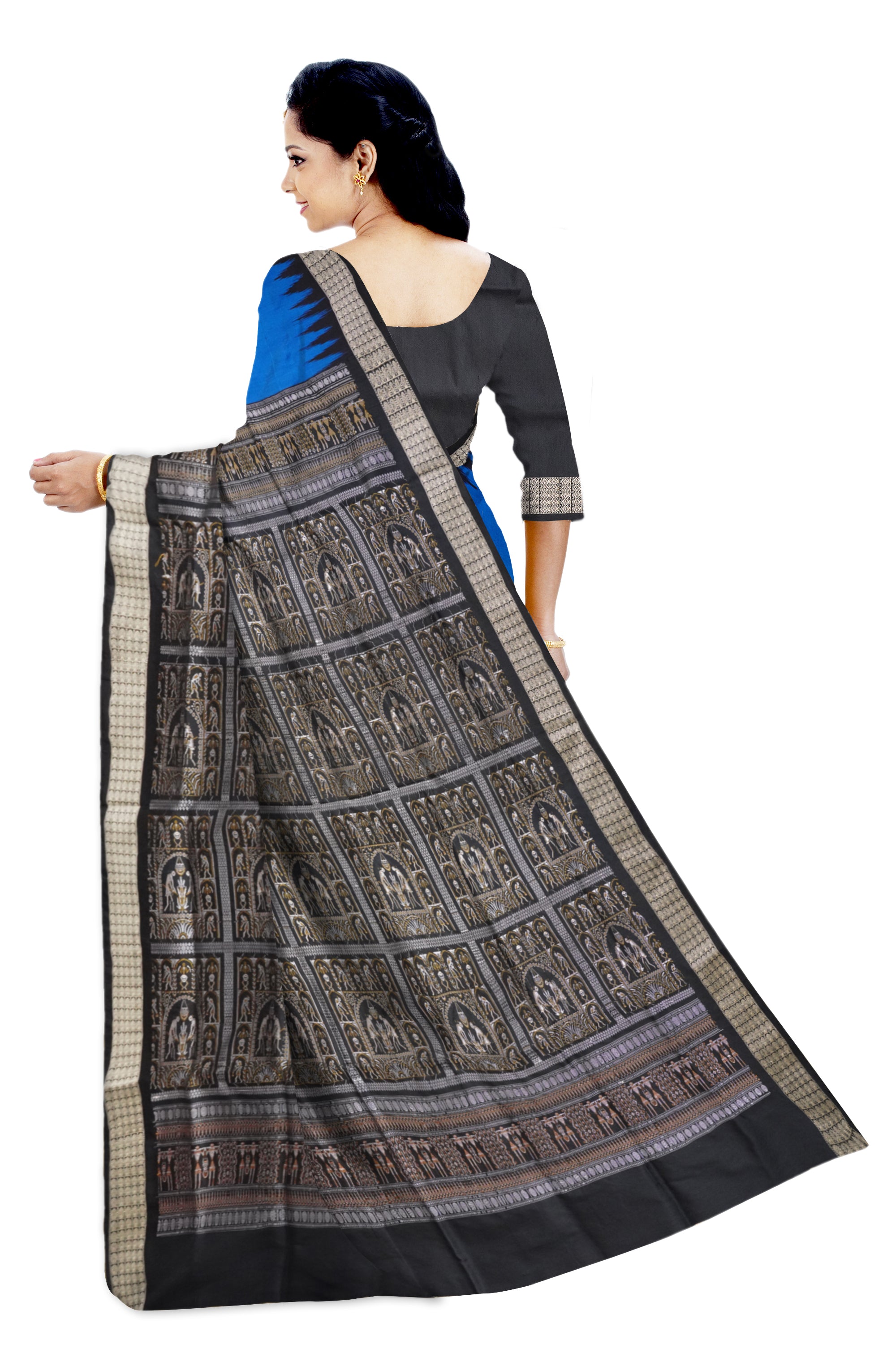 Blue and black pata saree, terracotta bomkei pallu, elegant and versatile. - Koshali Arts & Crafts Enterprise