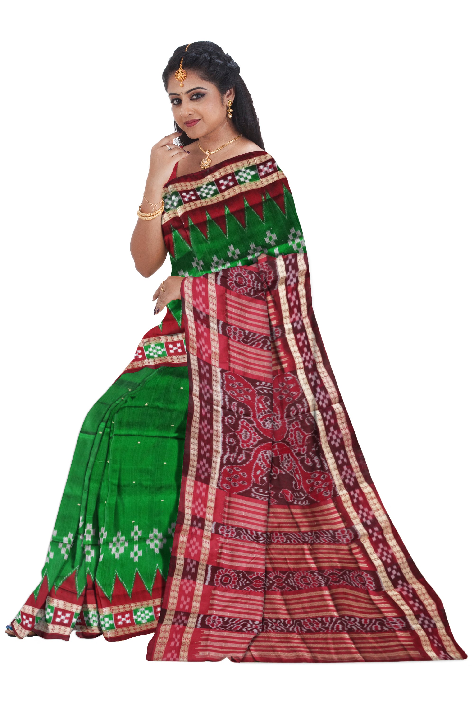 Green & maroon pasapali saree, small booty body, peacock pallu. - Koshali Arts & Crafts Enterprise