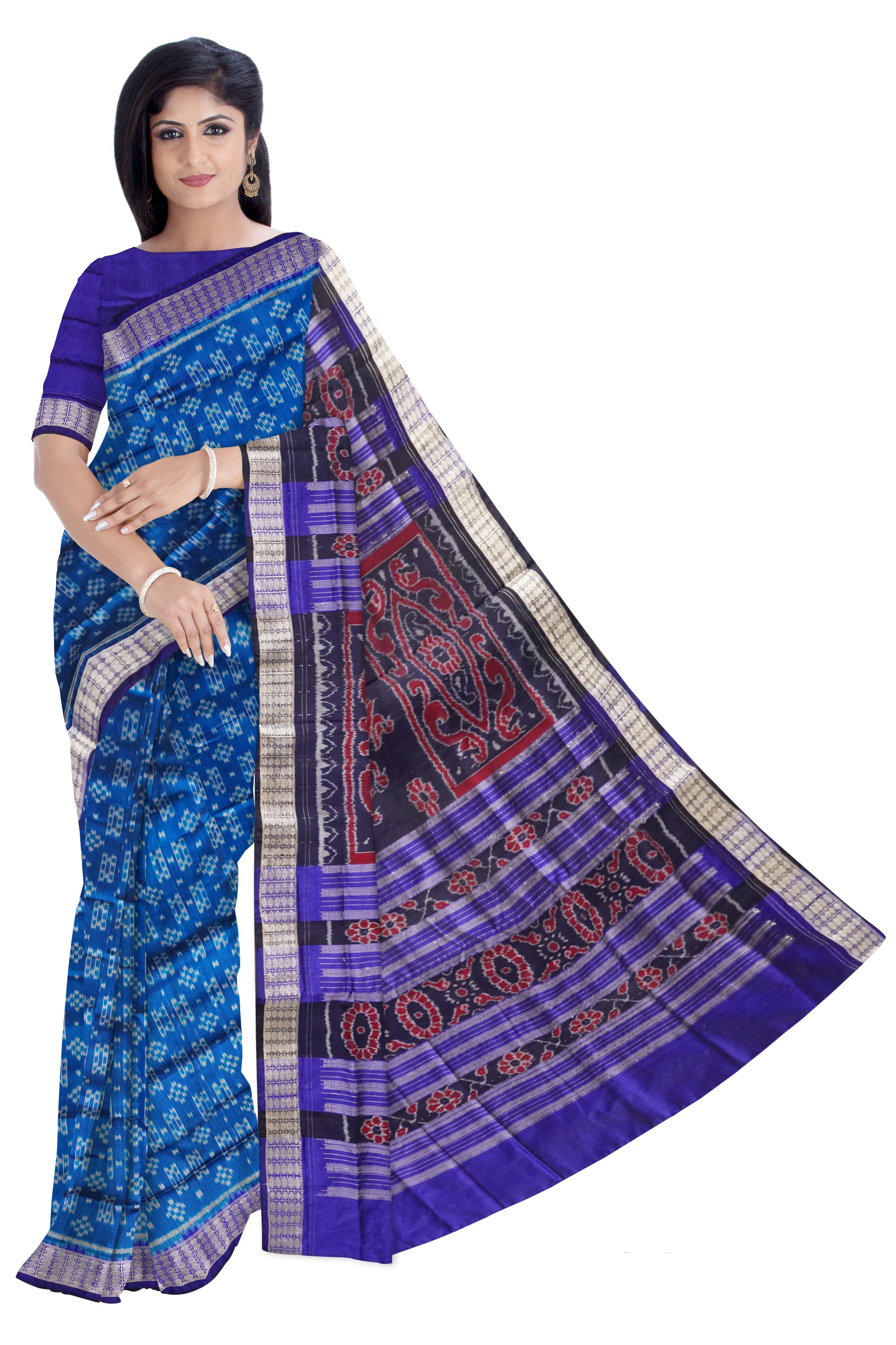 Sky blue and purple pasapali pattern Sambalpuri pata saree, adorned with peacock and flowers pallu, perfect for all occasions. - Koshali Arts & Crafts Enterprise