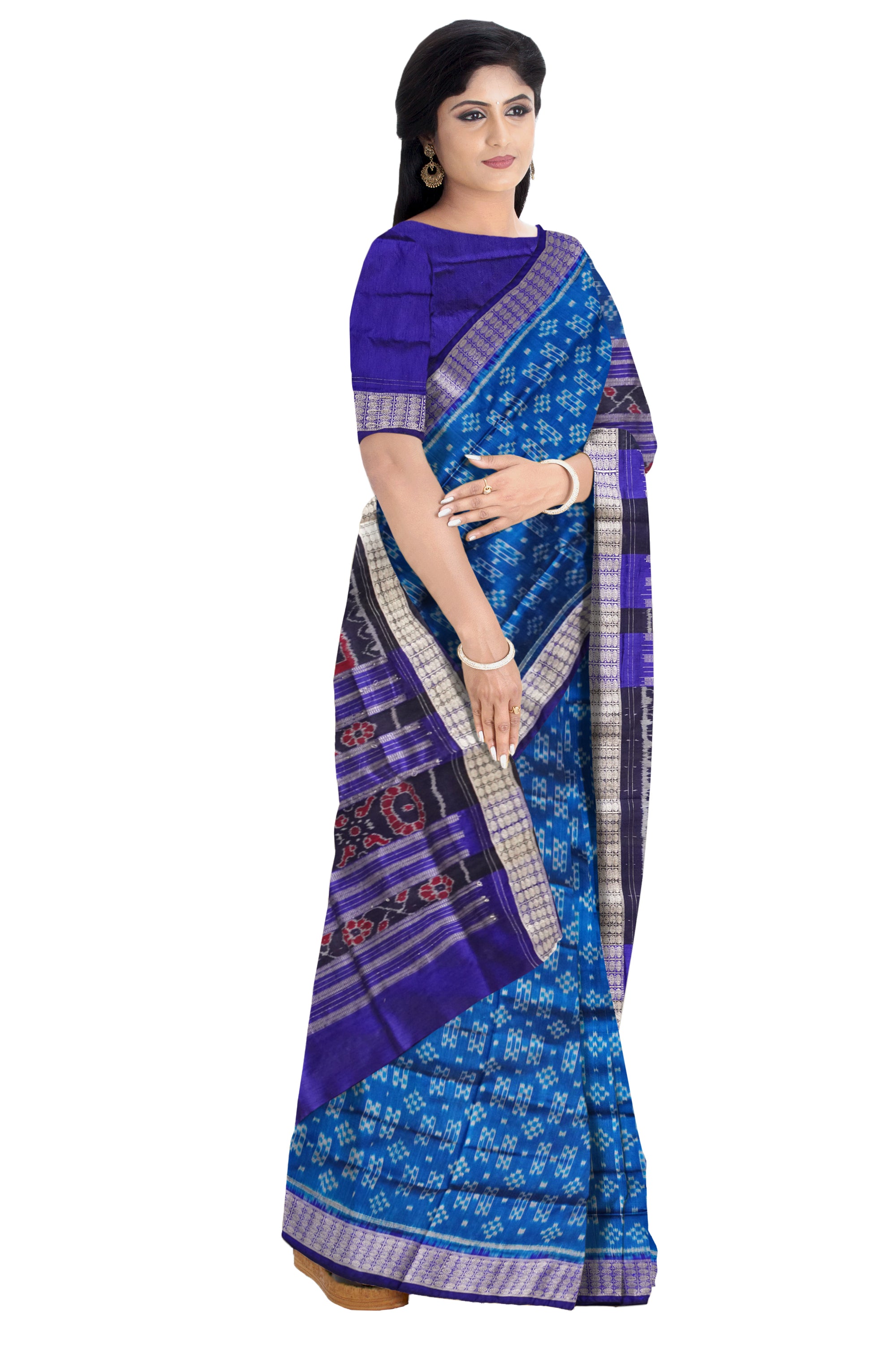 Sky blue and purple pasapali pattern Sambalpuri pata saree, adorned with peacock and flowers pallu, perfect for all occasions. - Koshali Arts & Crafts Enterprise