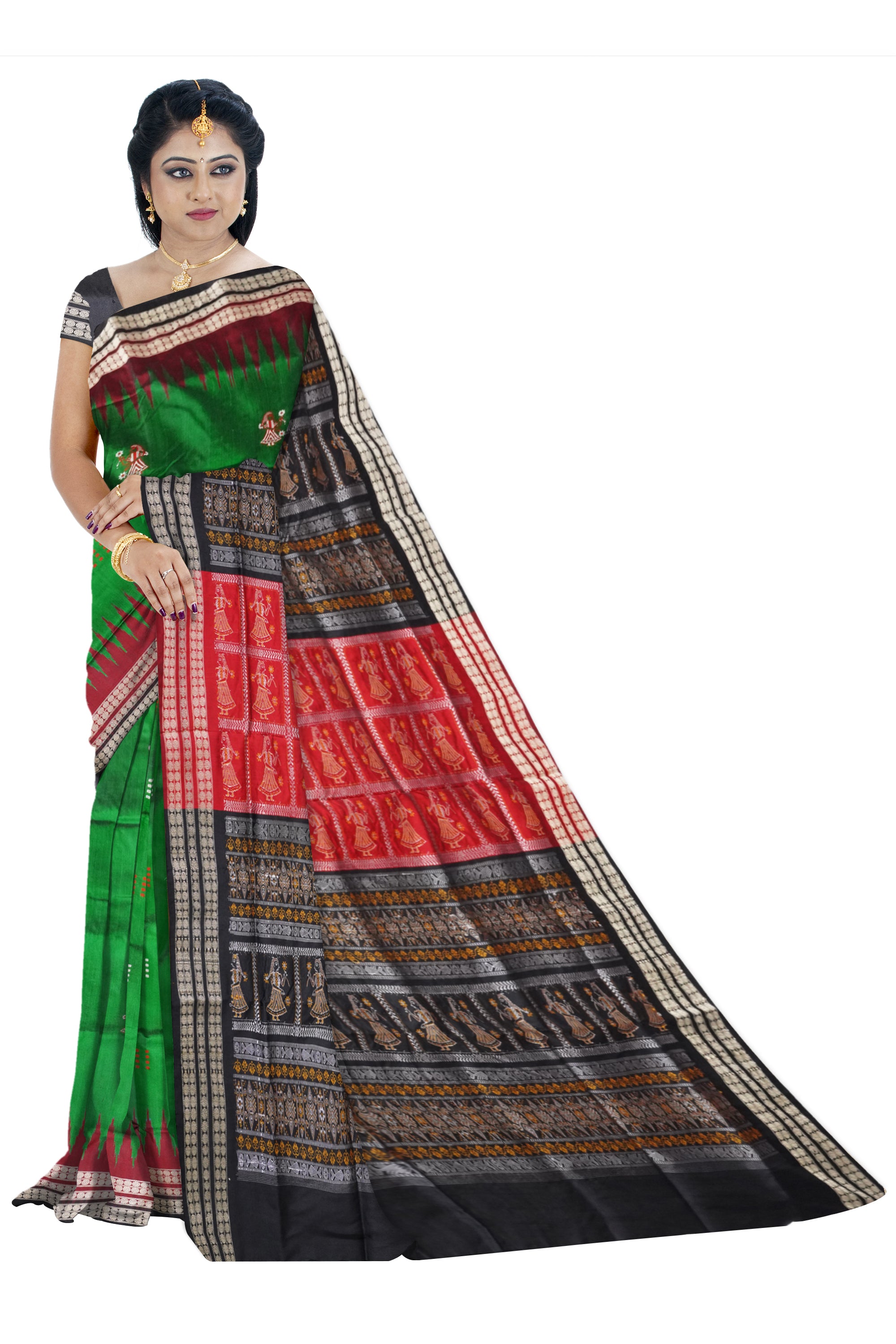 Green, black, maroon doll pattern Sambalpuri saree with matching blouse. - Koshali Arts & Crafts Enterprise