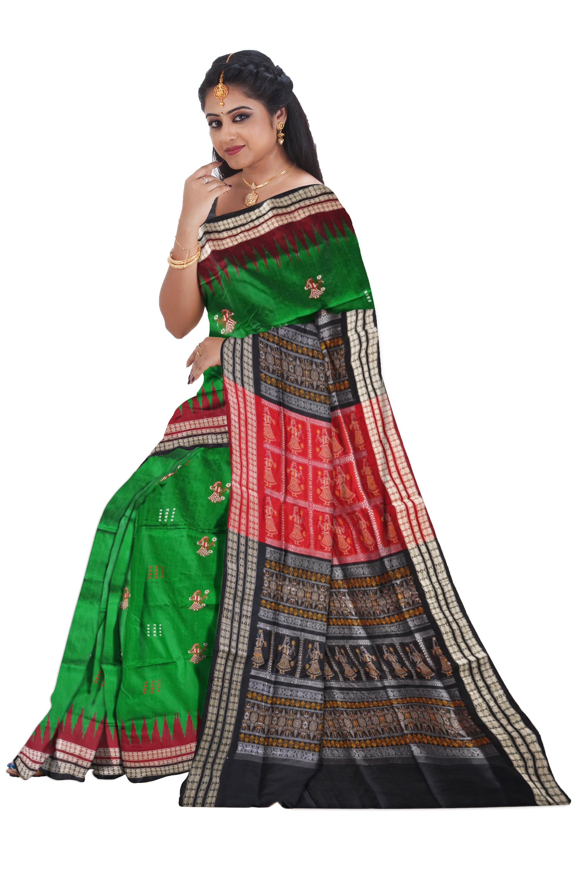 Green, black, maroon doll pattern Sambalpuri saree with matching blouse. - Koshali Arts & Crafts Enterprise