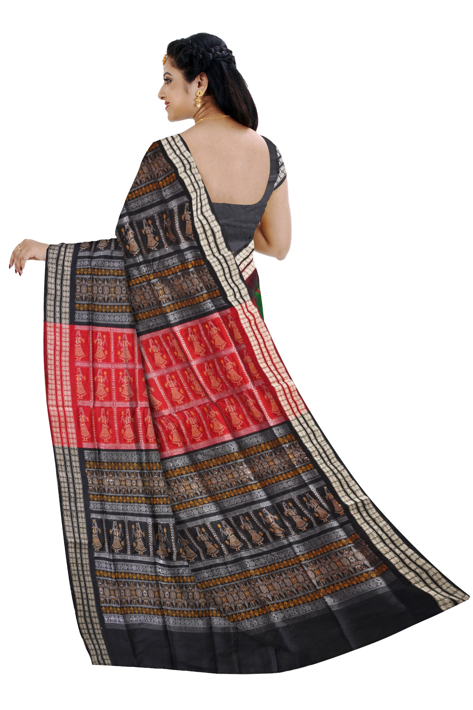 Green, black, maroon doll pattern Sambalpuri saree with matching blouse. - Koshali Arts & Crafts Enterprise