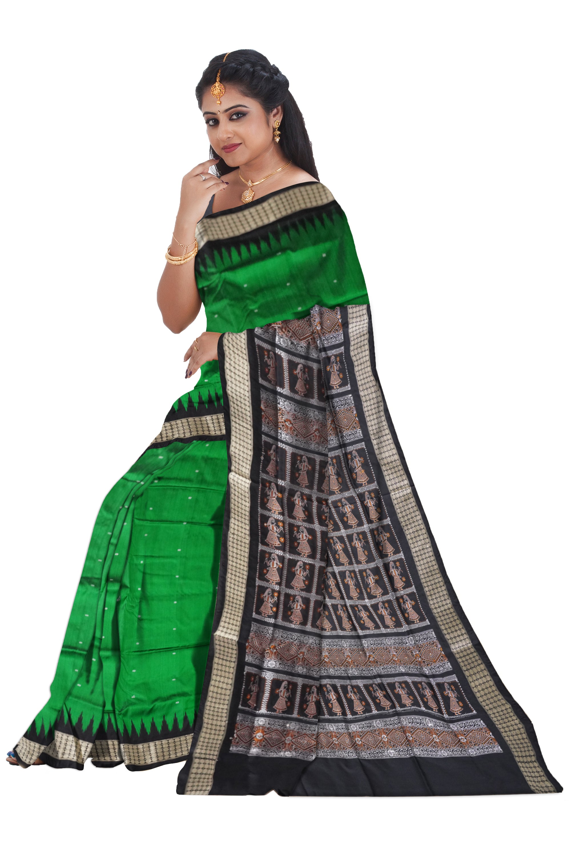 Green and black pata saree, plain body, doll pattern pallu. - Koshali Arts & Crafts Enterprise