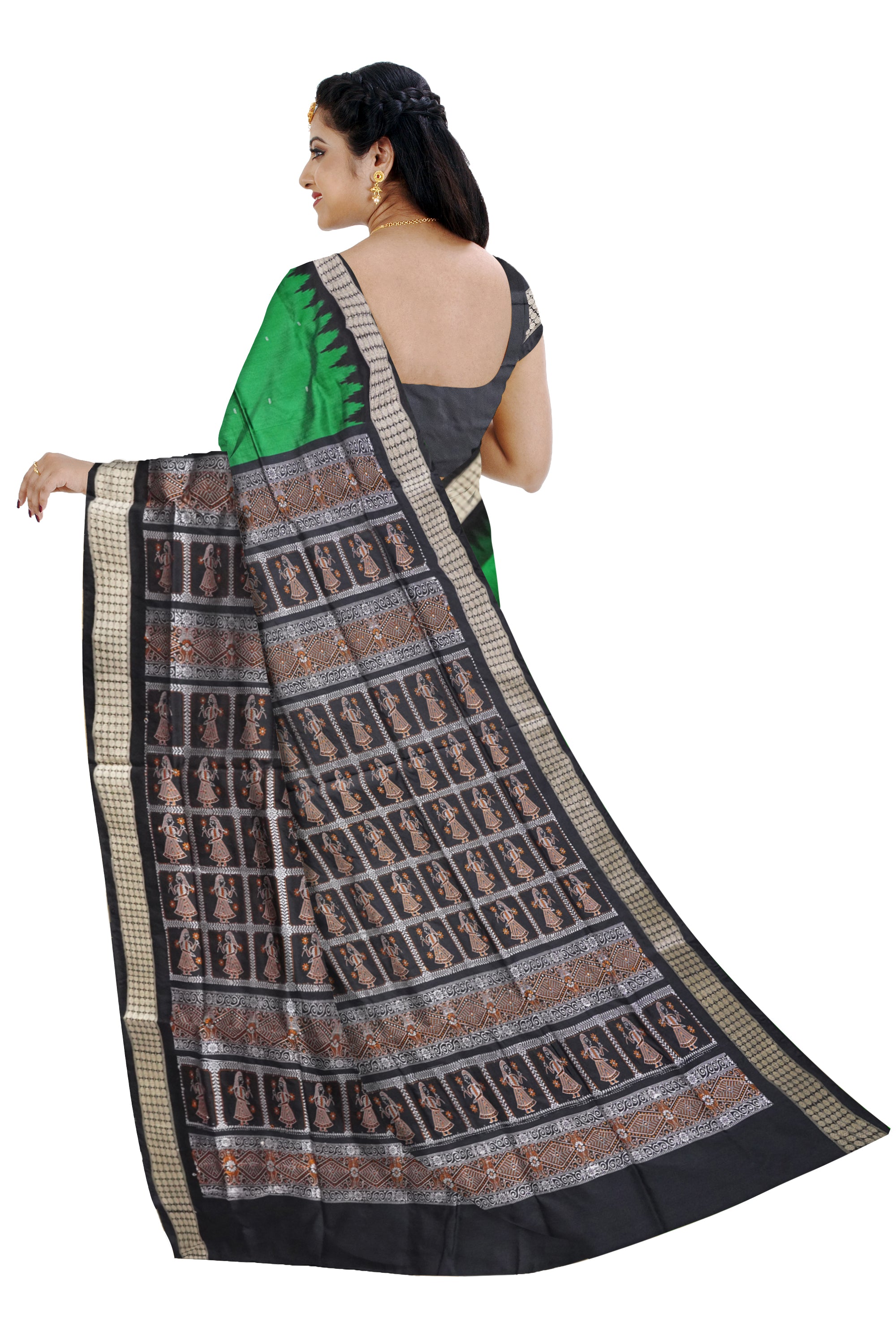 Green and black pata saree, plain body, doll pattern pallu. - Koshali Arts & Crafts Enterprise