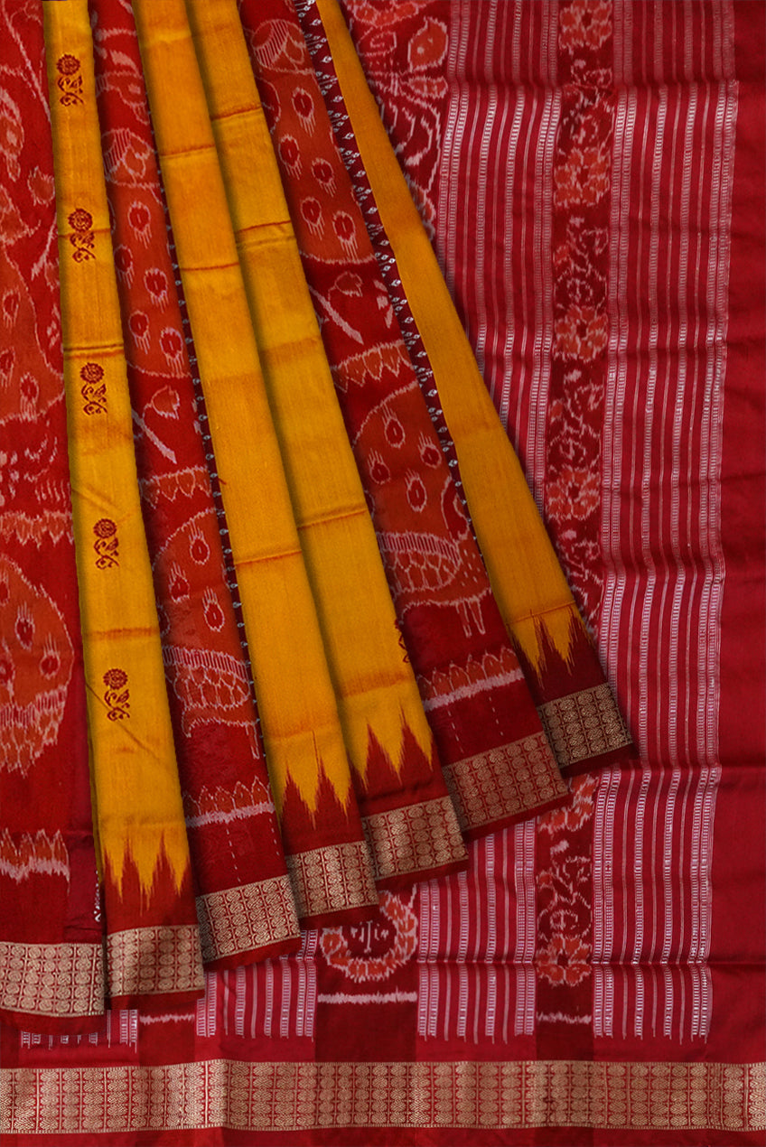 Yellow and maroon Bomkei pata saree, peacock with fish pallu. - Koshali Arts & Crafts Enterprise