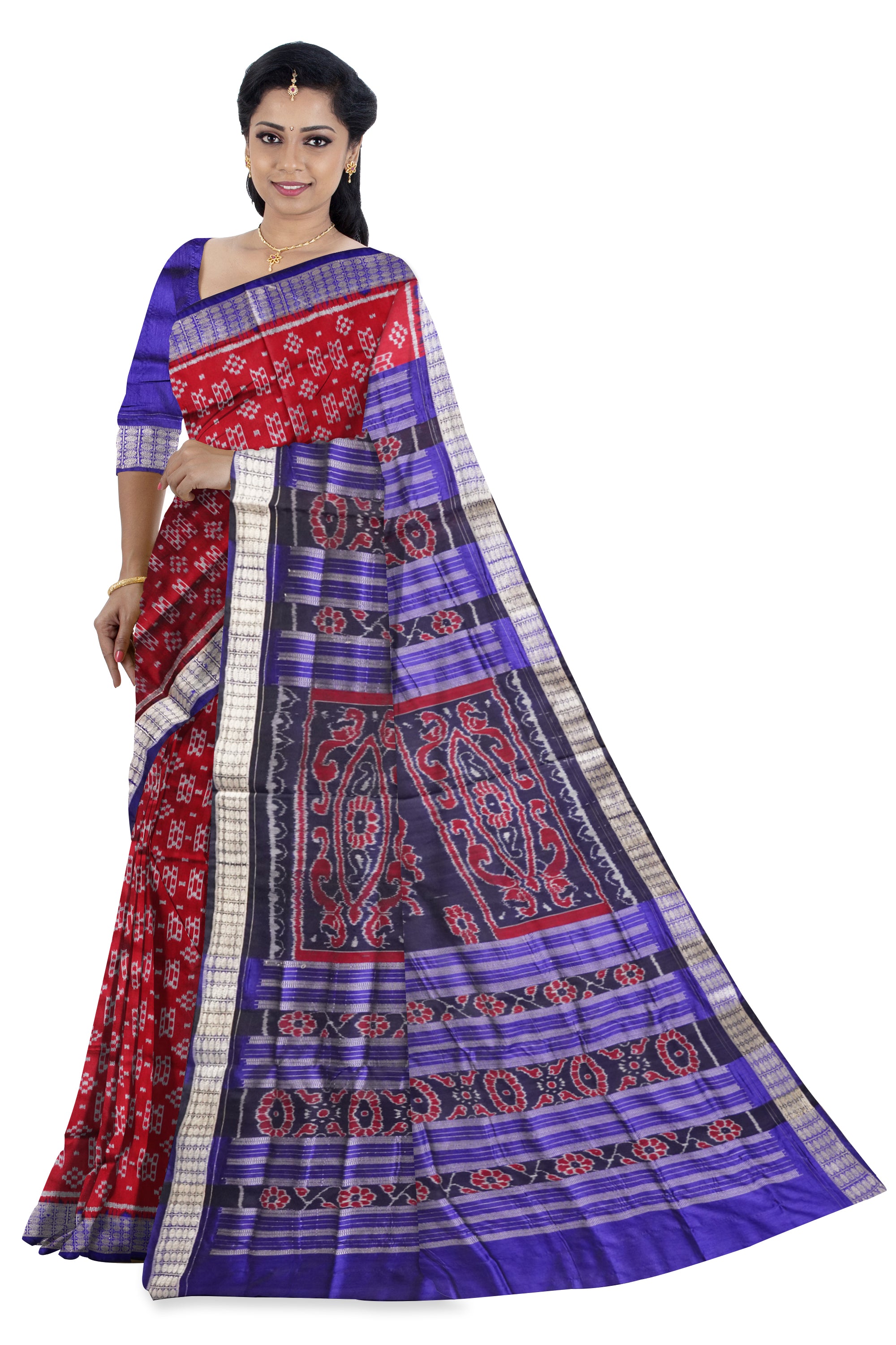 Maroon and blue pasapali saree, peacock design on pallu. - Koshali Arts & Crafts Enterprise