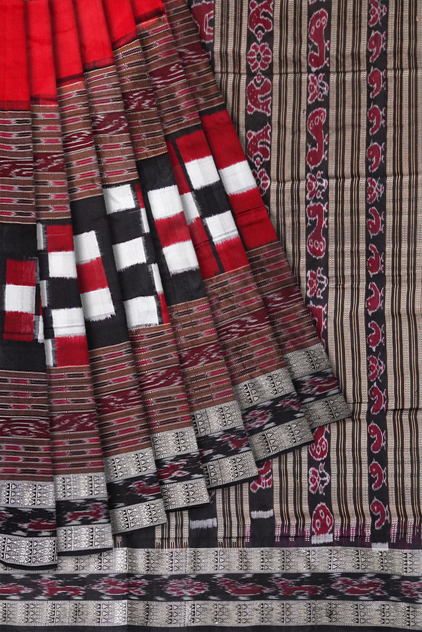 Red and Black color Sambalpuri bichitrapuri pure silk saree with bandha pallu. - Koshali Arts & Crafts Enterprise