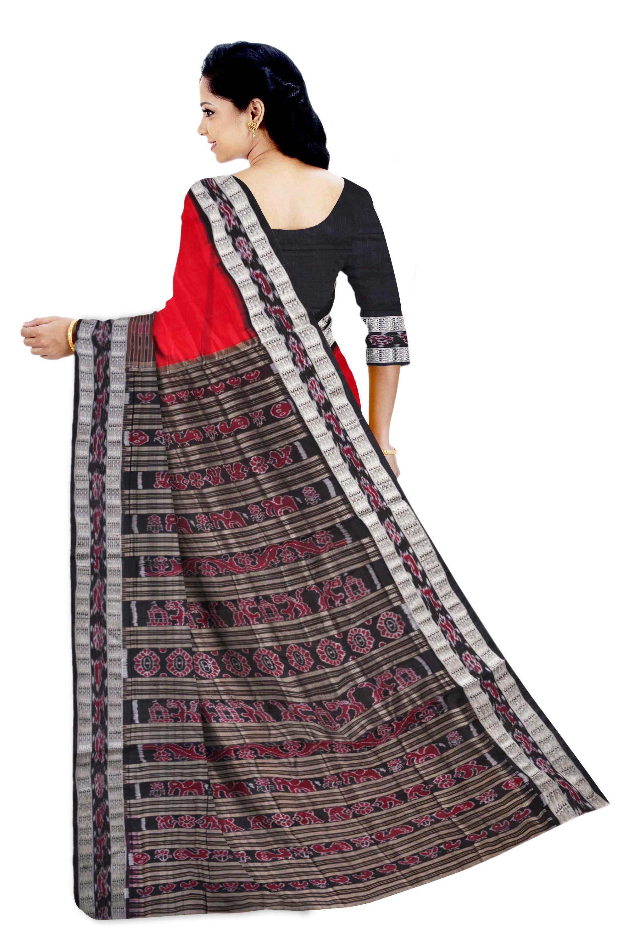 Red and Black color Sambalpuri bichitrapuri pure silk saree with bandha pallu. - Koshali Arts & Crafts Enterprise