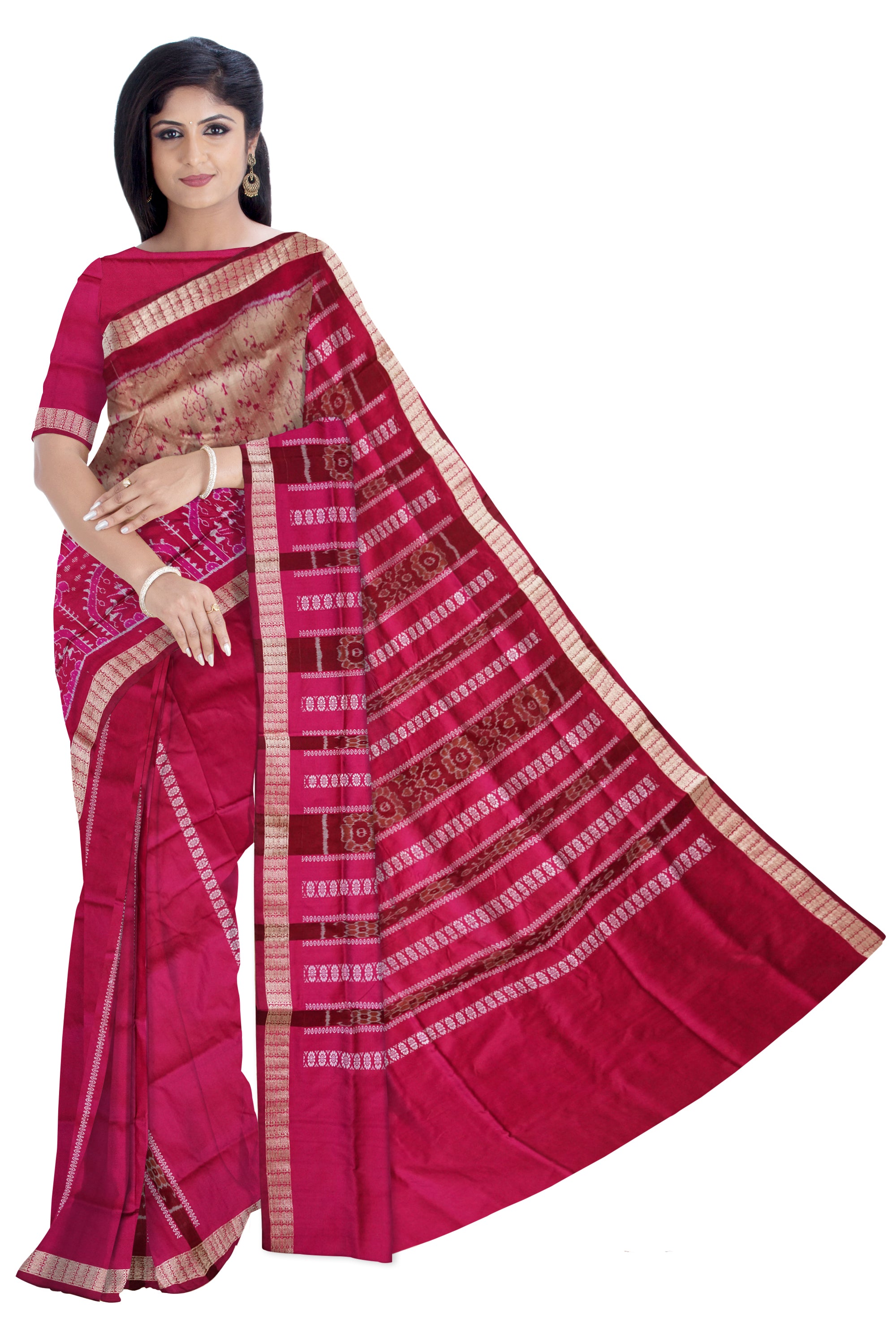 Rani pink & Peach color half half design terracotta pattern  patli pata saree. - Koshali Arts & Crafts Enterprise