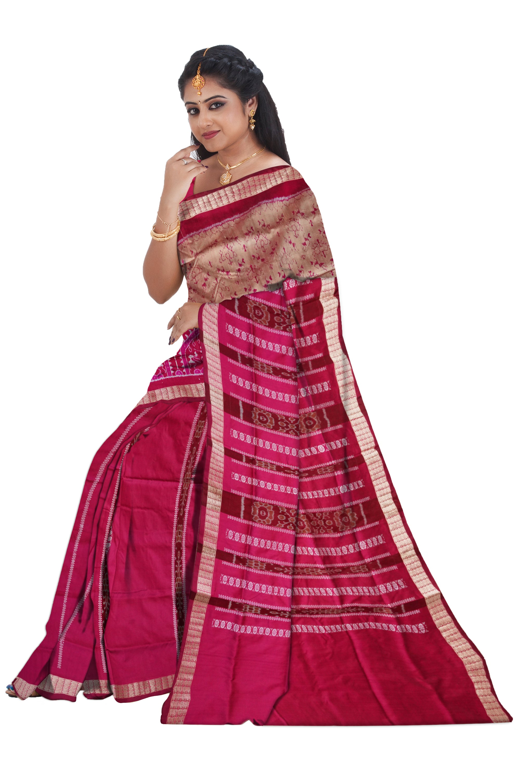 Rani pink & Peach color half half design terracotta pattern  patli pata saree. - Koshali Arts & Crafts Enterprise