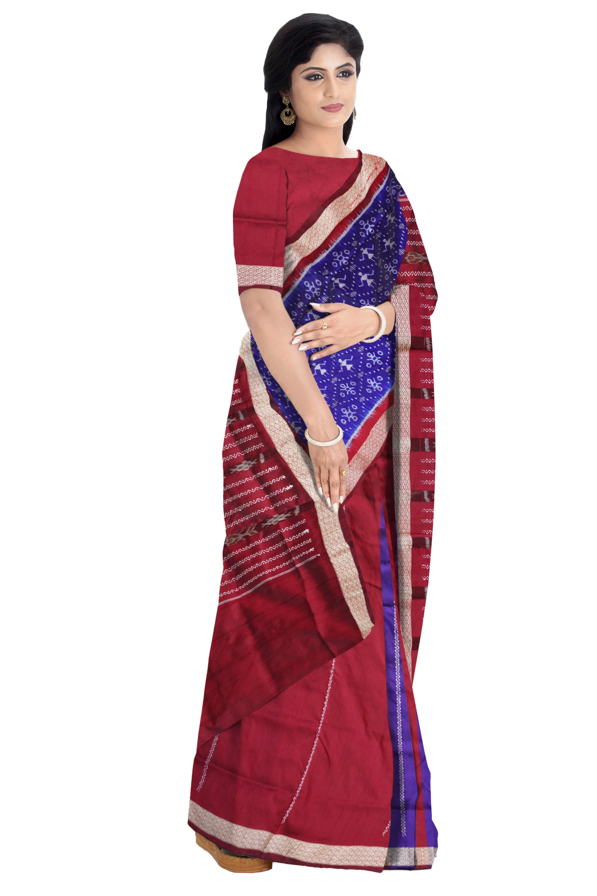 Blue and maroon terracotta patli pata saree, bandha pallu design. - Koshali Arts & Crafts Enterprise