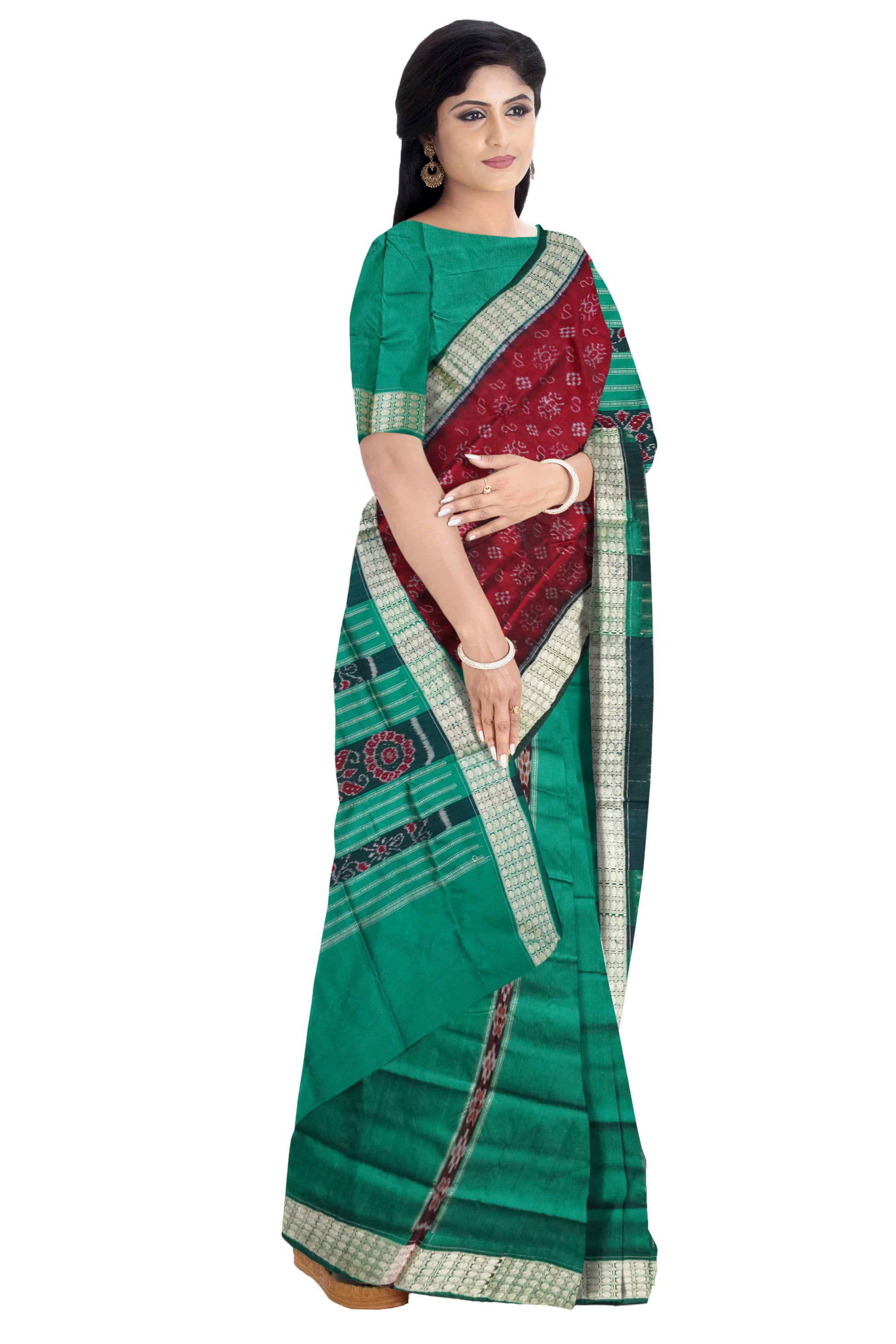 Latest sambalpuri desgin terracotta pattern patli pata saree in maroon and green color base. - Koshali Arts & Crafts Enterprise