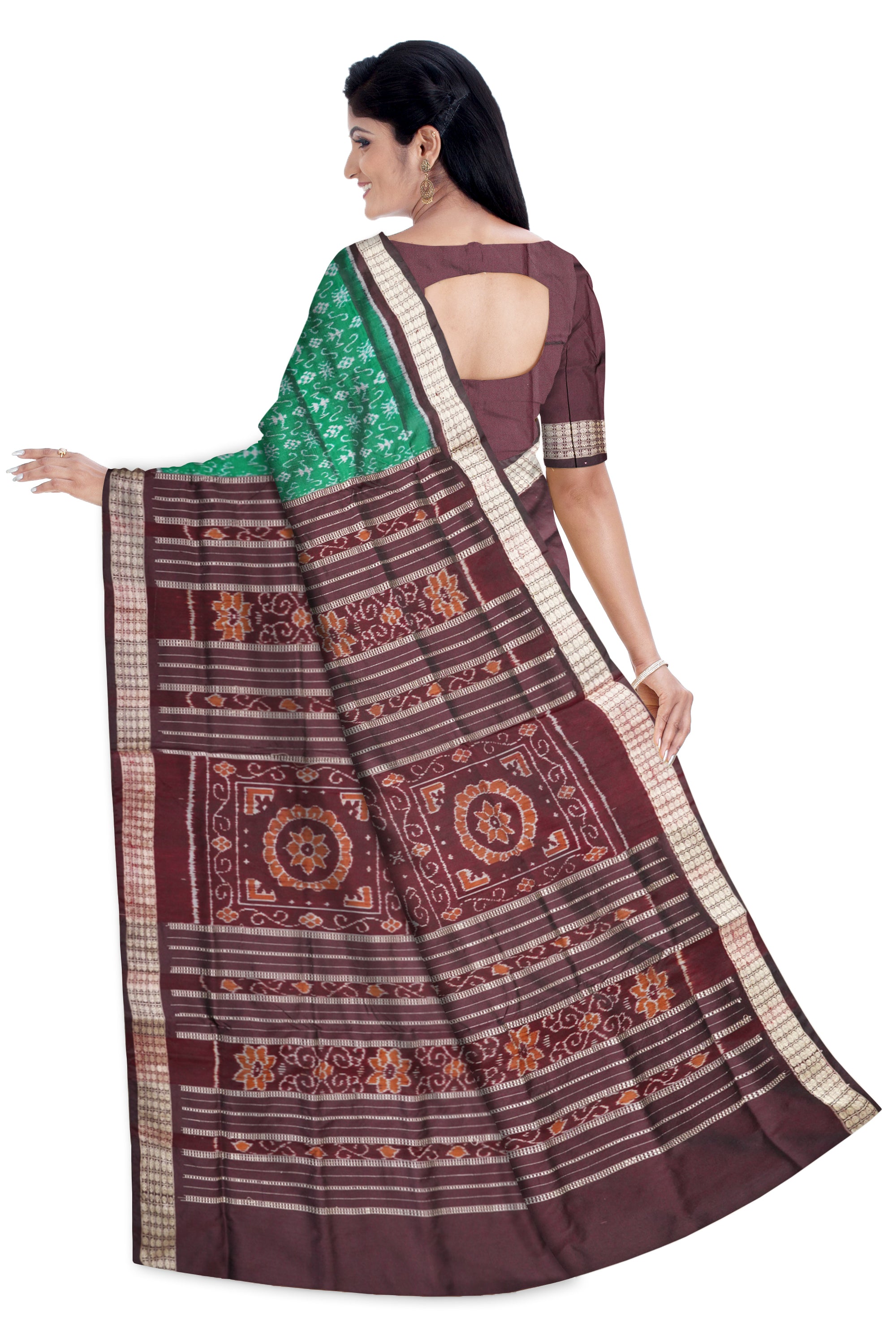 Green and coffee terracotta Sambalpuri patli pata saree, exquisite design. - Koshali Arts & Crafts Enterprise