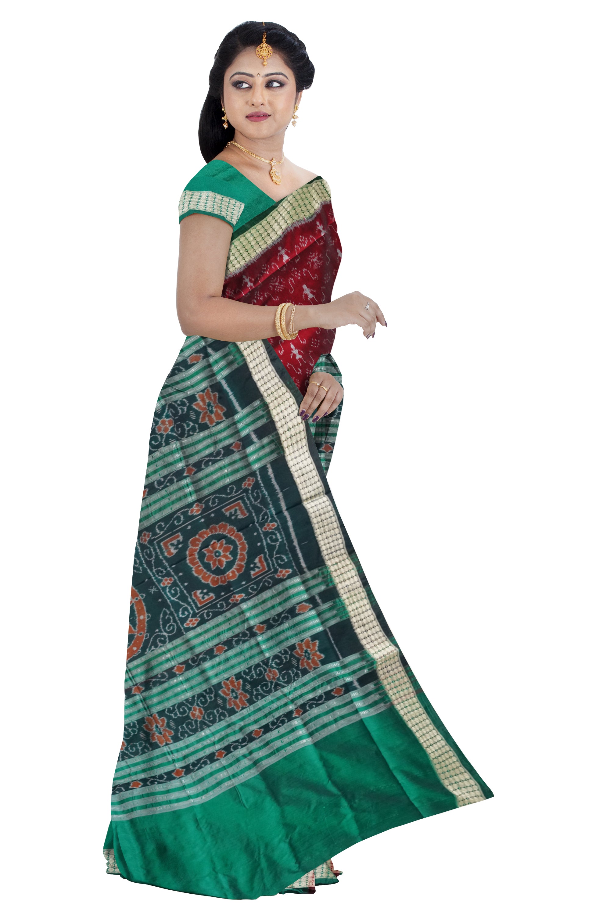 Maroon and Green color terracotta with flowers design half half patli pata saree with bandha pallu. - Koshali Arts & Crafts Enterprise