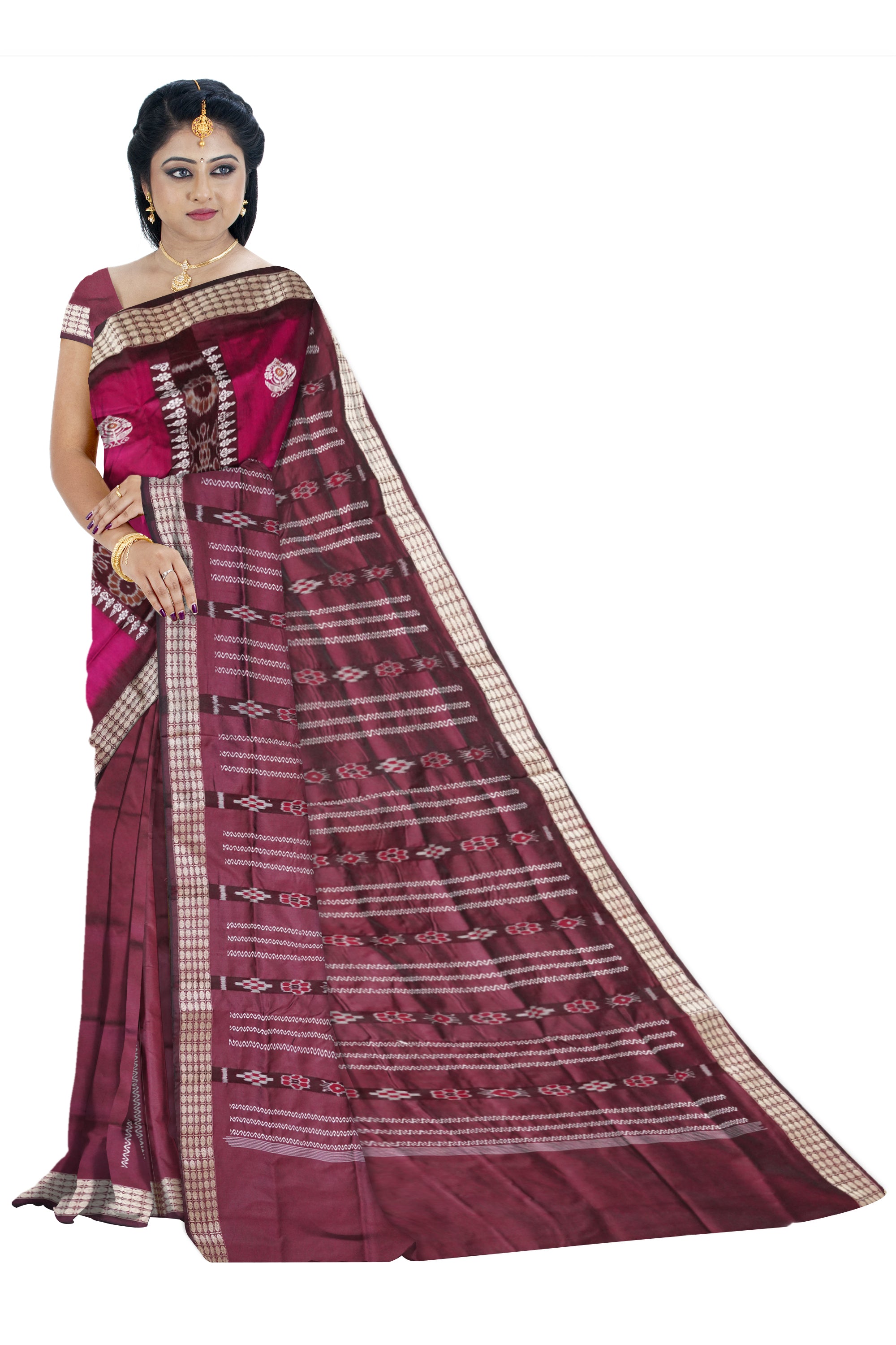 Rani pink and coffee bomkei patli pata saree, pasapali pallu. - Koshali Arts & Crafts Enterprise