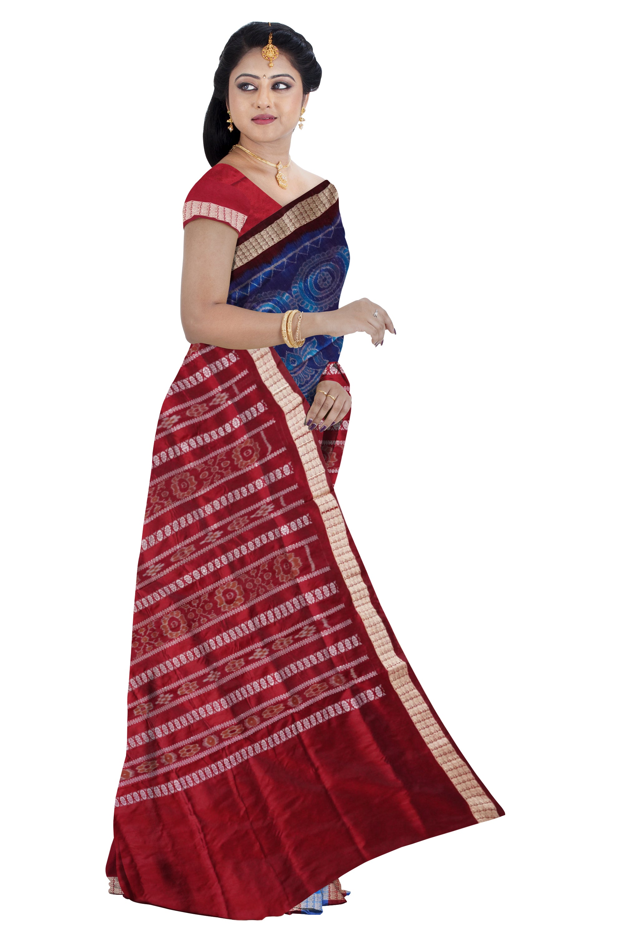 Sky blue and maroon patli saree, bandha pallu, traditional kalash with flowers design. - Koshali Arts & Crafts Enterprise