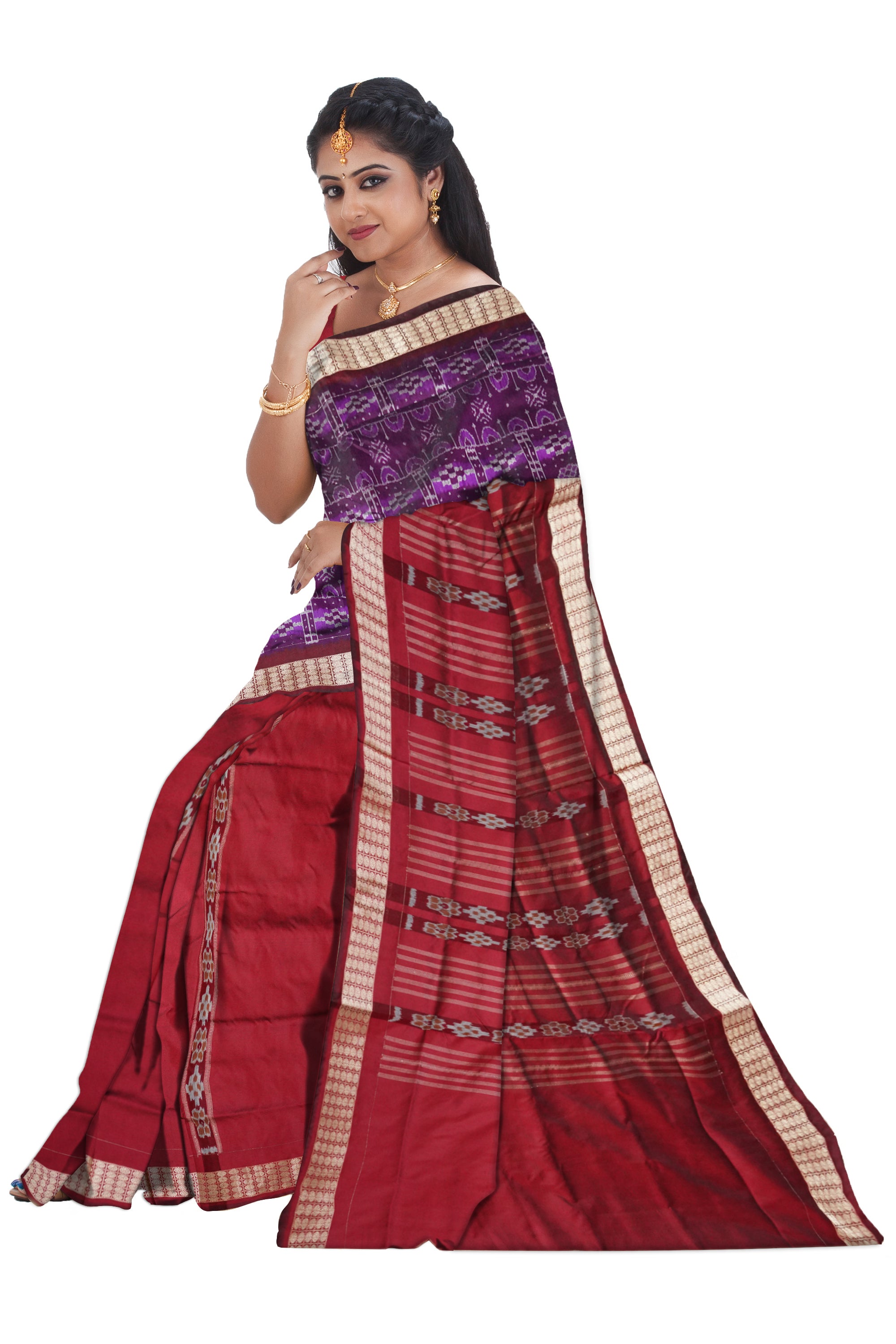 Purple and Maroon Pasapali pattern patli pata saree, matching blouse. - Koshali Arts & Crafts Enterprise