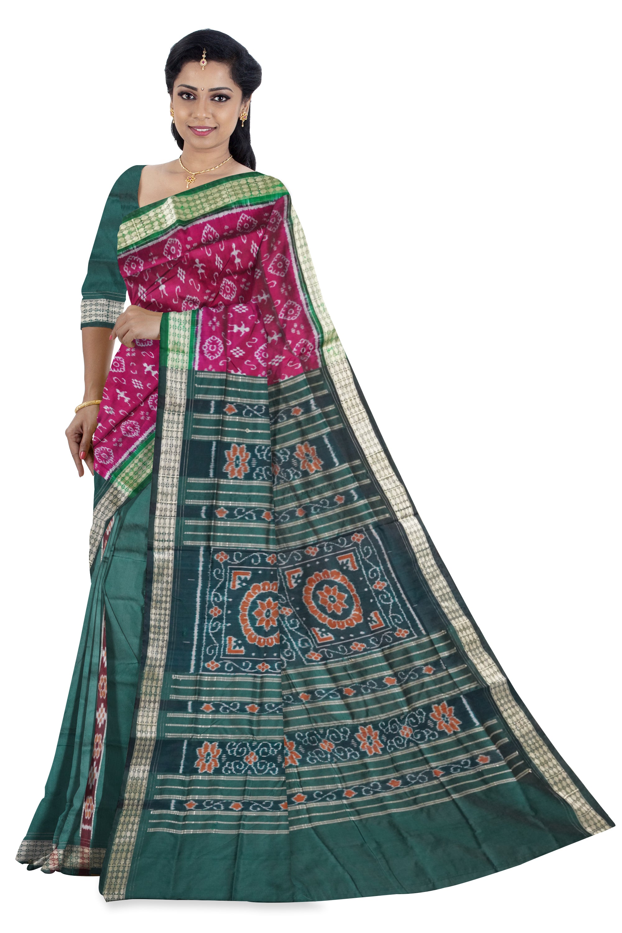 Pink and green terracotta patli Sambalpuri saree, versatile for all occasions. - Koshali Arts & Crafts Enterprise