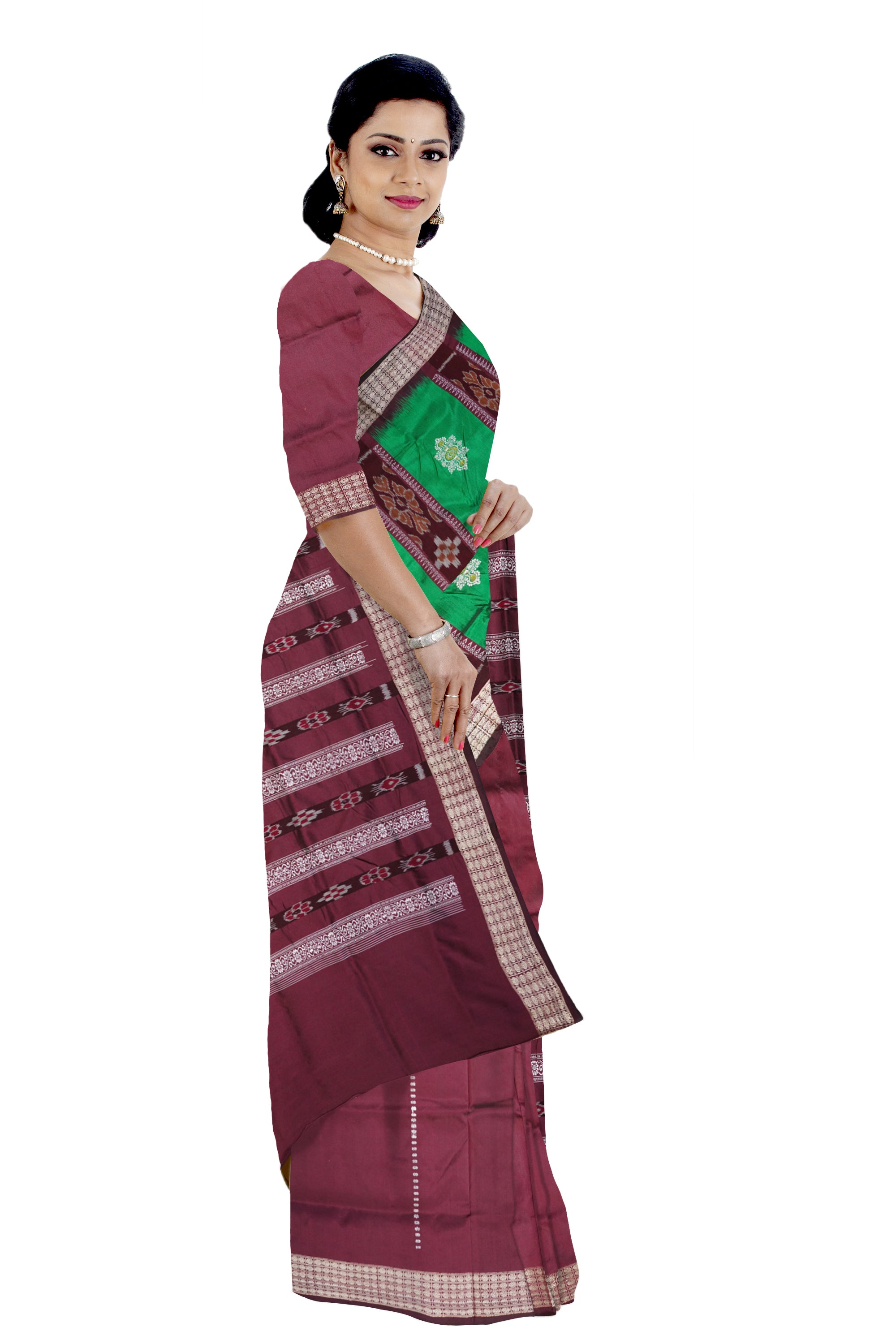 Green and coffee Pasapali with flowers pattern Bomkei saree, bandha pallu. - Koshali Arts & Crafts Enterprise