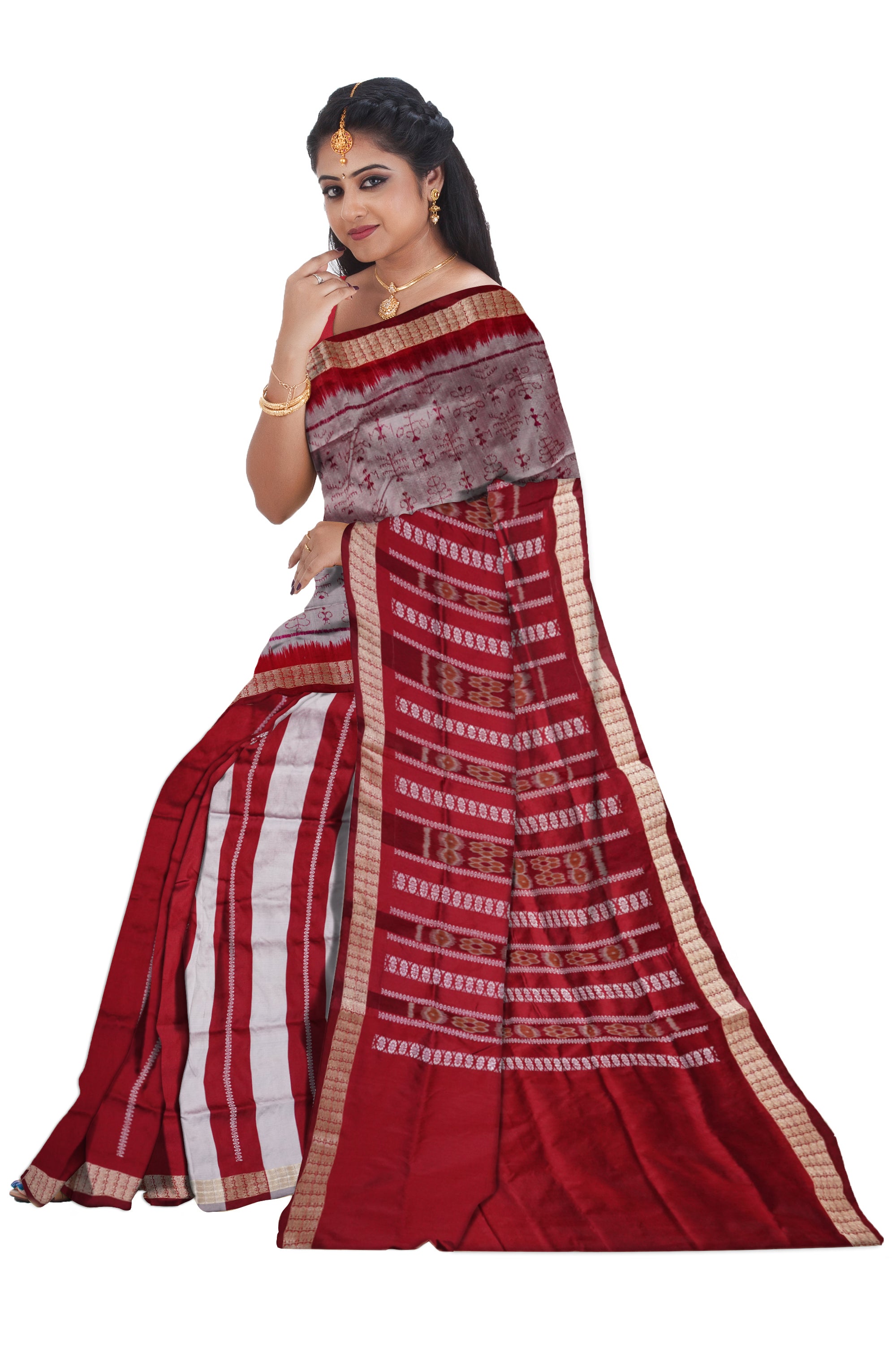 Latest silver and maroon terracotta patli pata saree with bandha pattern pallu design, a stunning addition to your wardrobe. - Koshali Arts & Crafts Enterprise