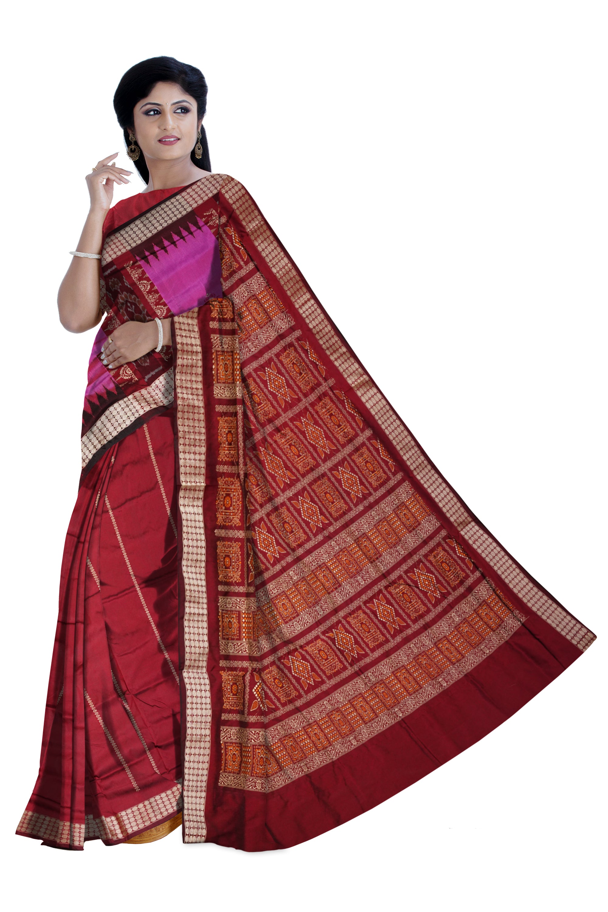 Light pink and maroon patli design pata saree features bandha with bomkei pattern, bordered by rudraksha with kumbha motif. - Koshali Arts & Crafts Enterprise