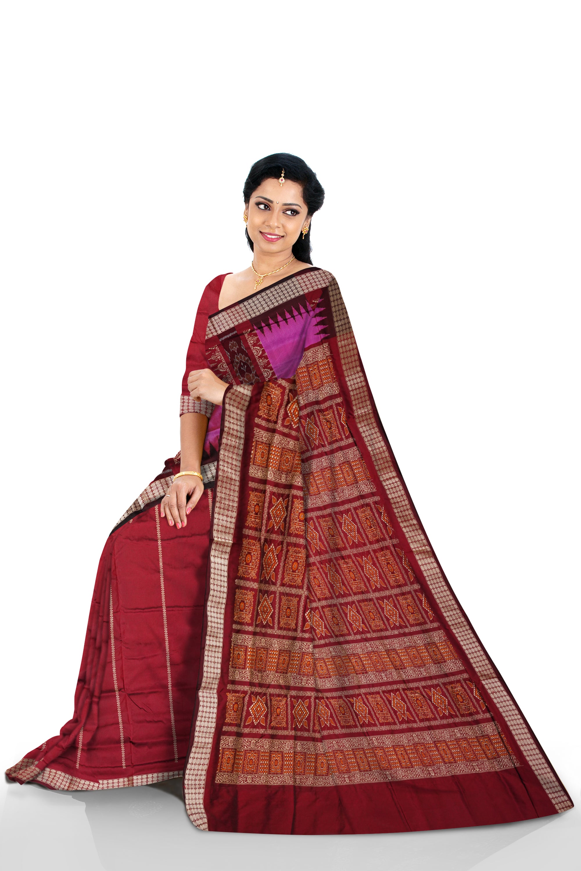 Light pink and maroon patli design pata saree features bandha with bomkei pattern, bordered by rudraksha with kumbha motif. - Koshali Arts & Crafts Enterprise