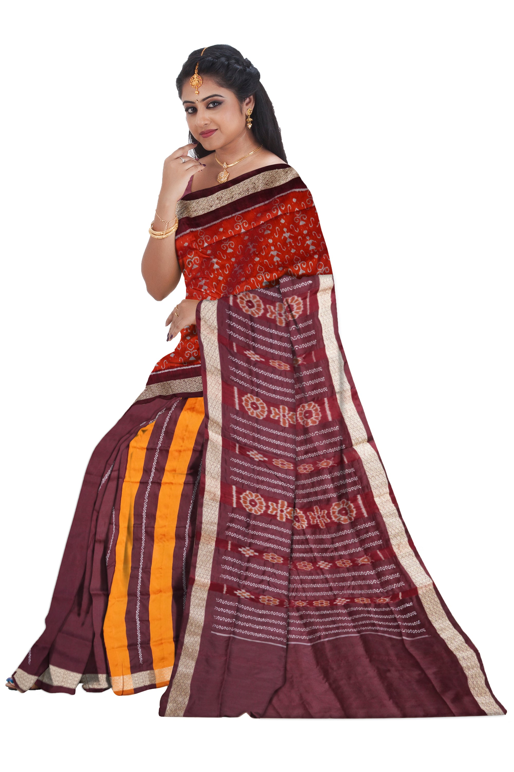 Orange and Maroon terracotta body with bandha pallu design patli pata saree, a vibrant blend of tradition and elegance. - Koshali Arts & Crafts Enterprise