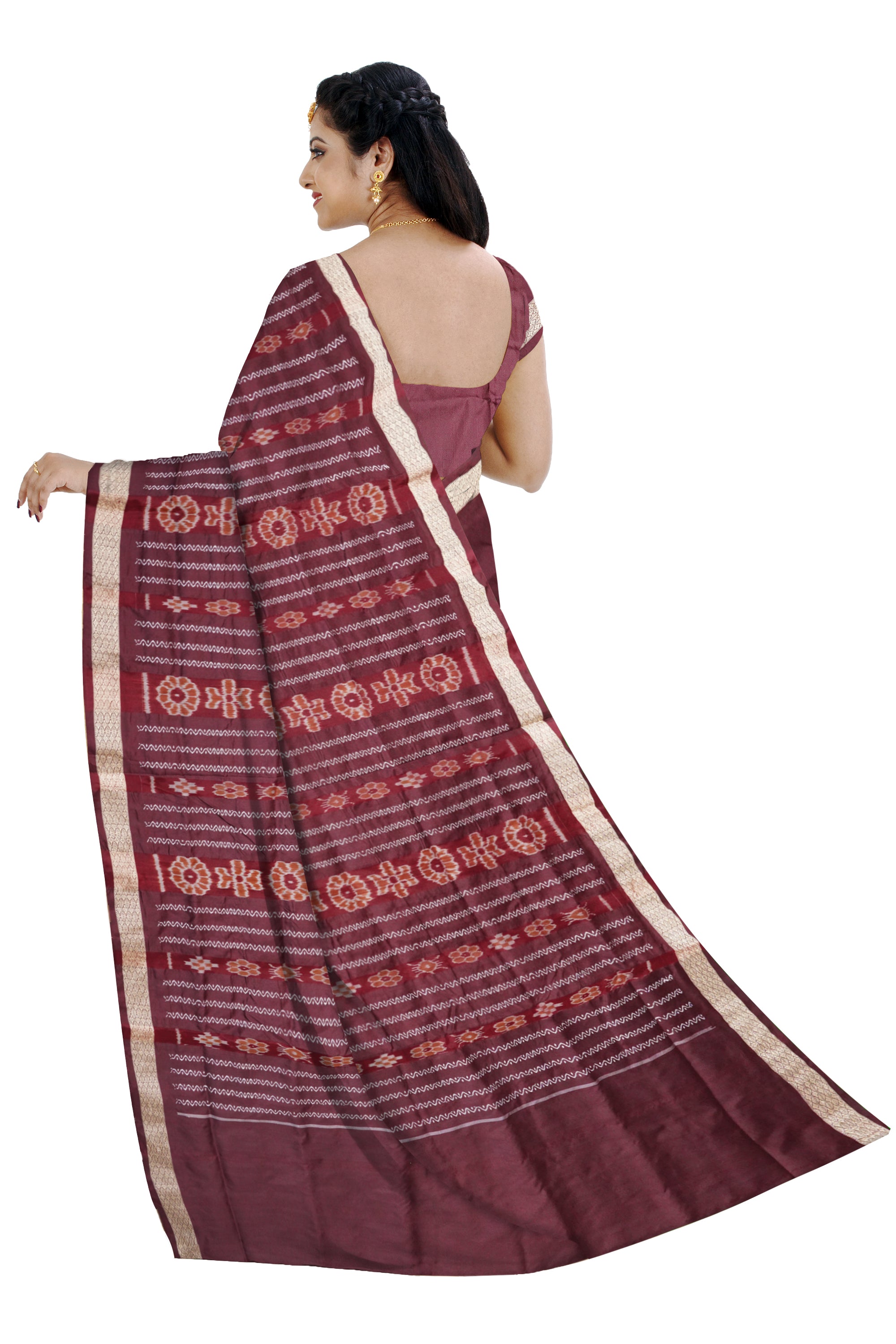 Orange and Maroon terracotta body with bandha pallu design patli pata saree, a vibrant blend of tradition and elegance. - Koshali Arts & Crafts Enterprise