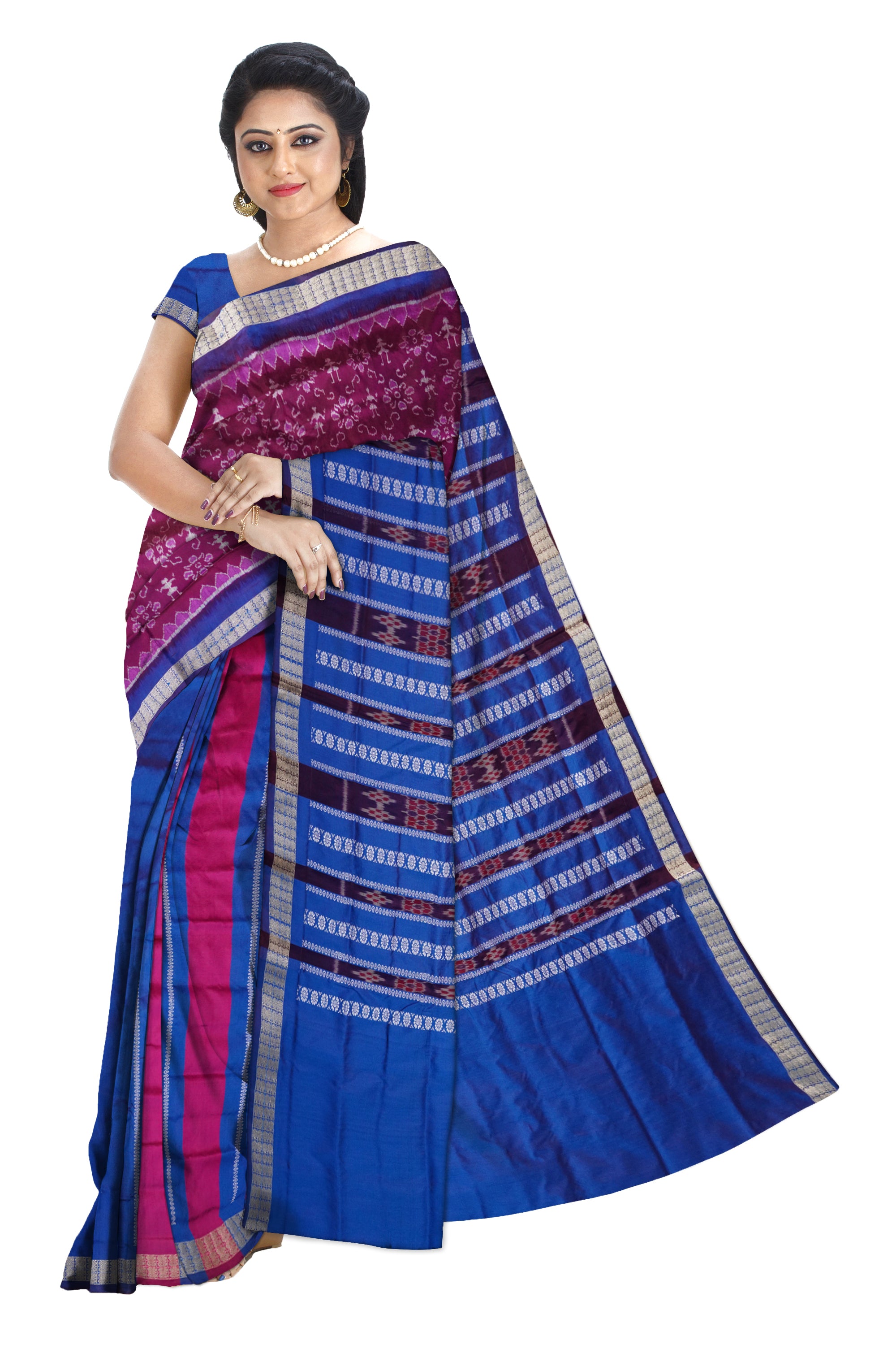 Purple and Blue terracotta patli pata saree with floral pattern, includes matching blouse for a coordinated ensemble. - Koshali Arts & Crafts Enterprise