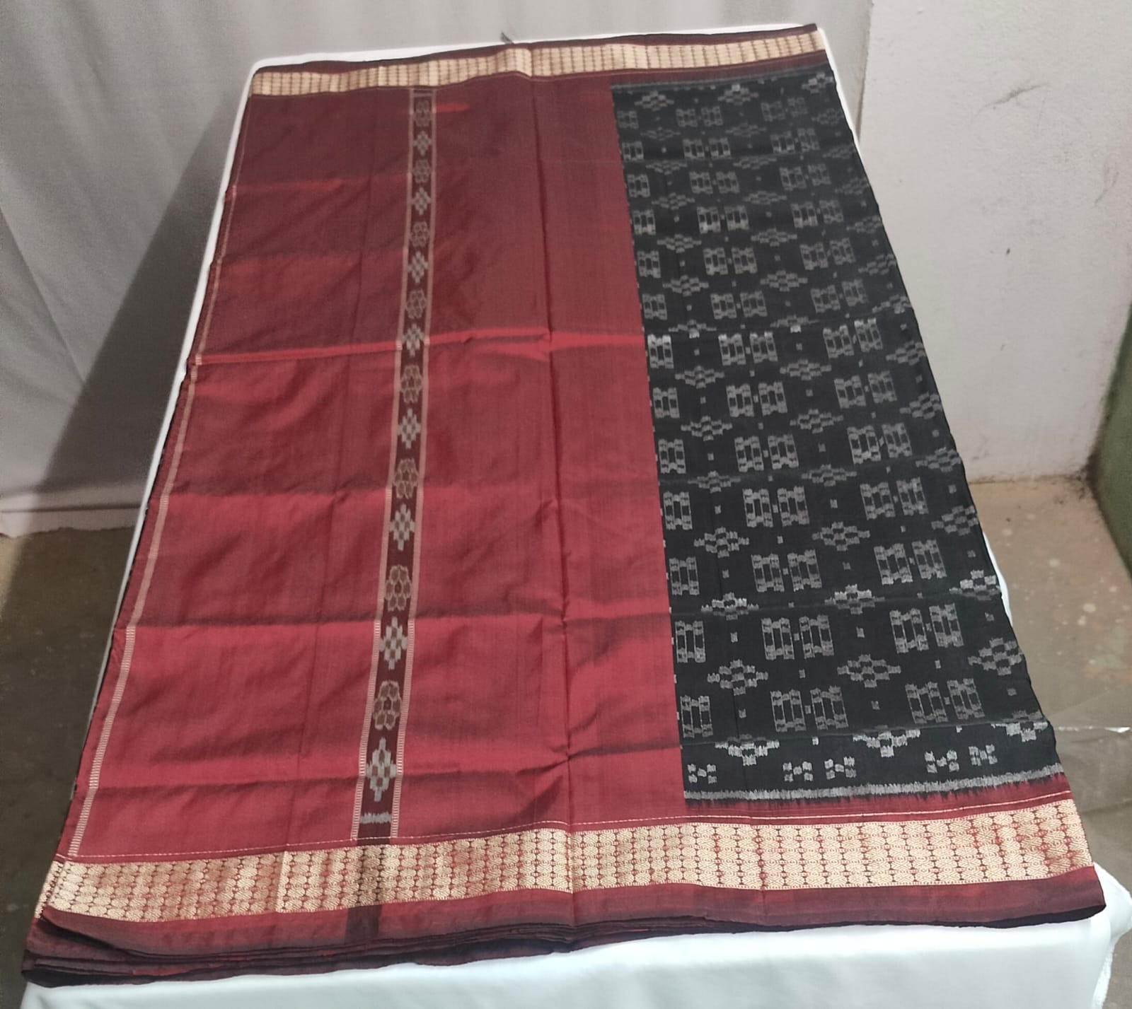 Festive Maroon & Black Sambalpuri Pata Saree