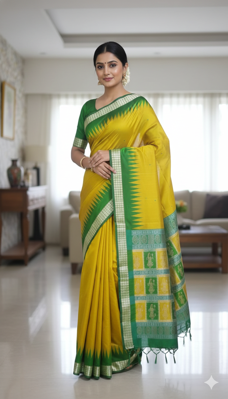 Mustard yellow silk Ikat design saree