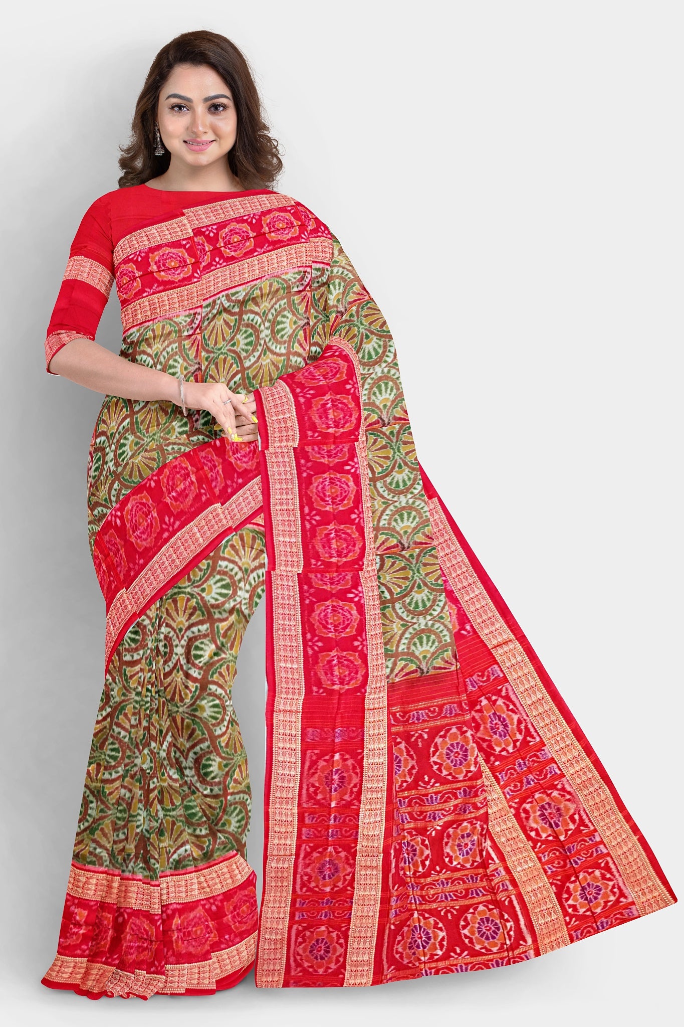 An olive and red Sambalpuri saree featuring traditional Sambalpuri patterns on the body and round flower designs on the pallu.