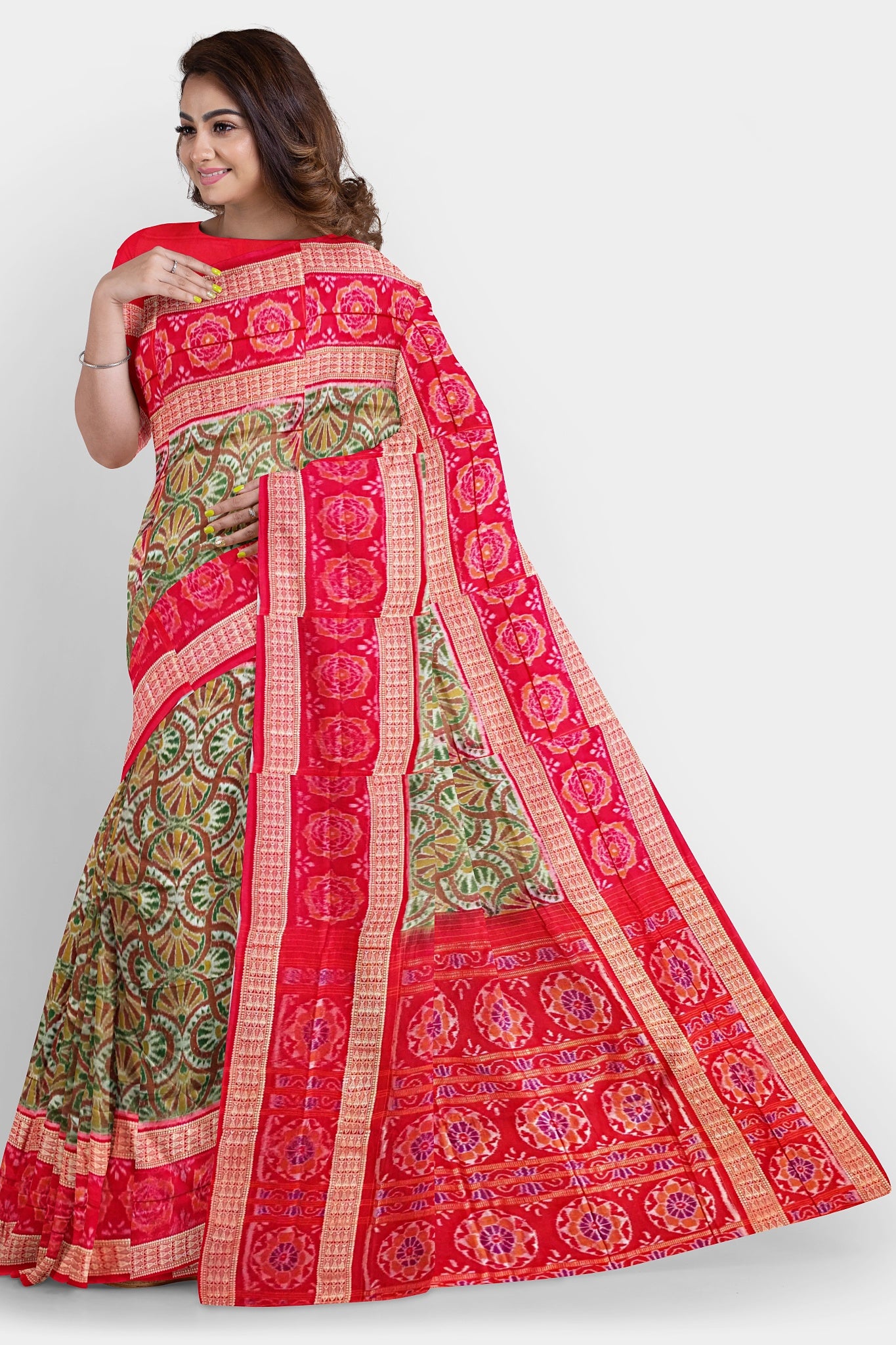 An olive and red Sambalpuri saree featuring traditional Sambalpuri patterns on the body and round flower designs on the pallu.