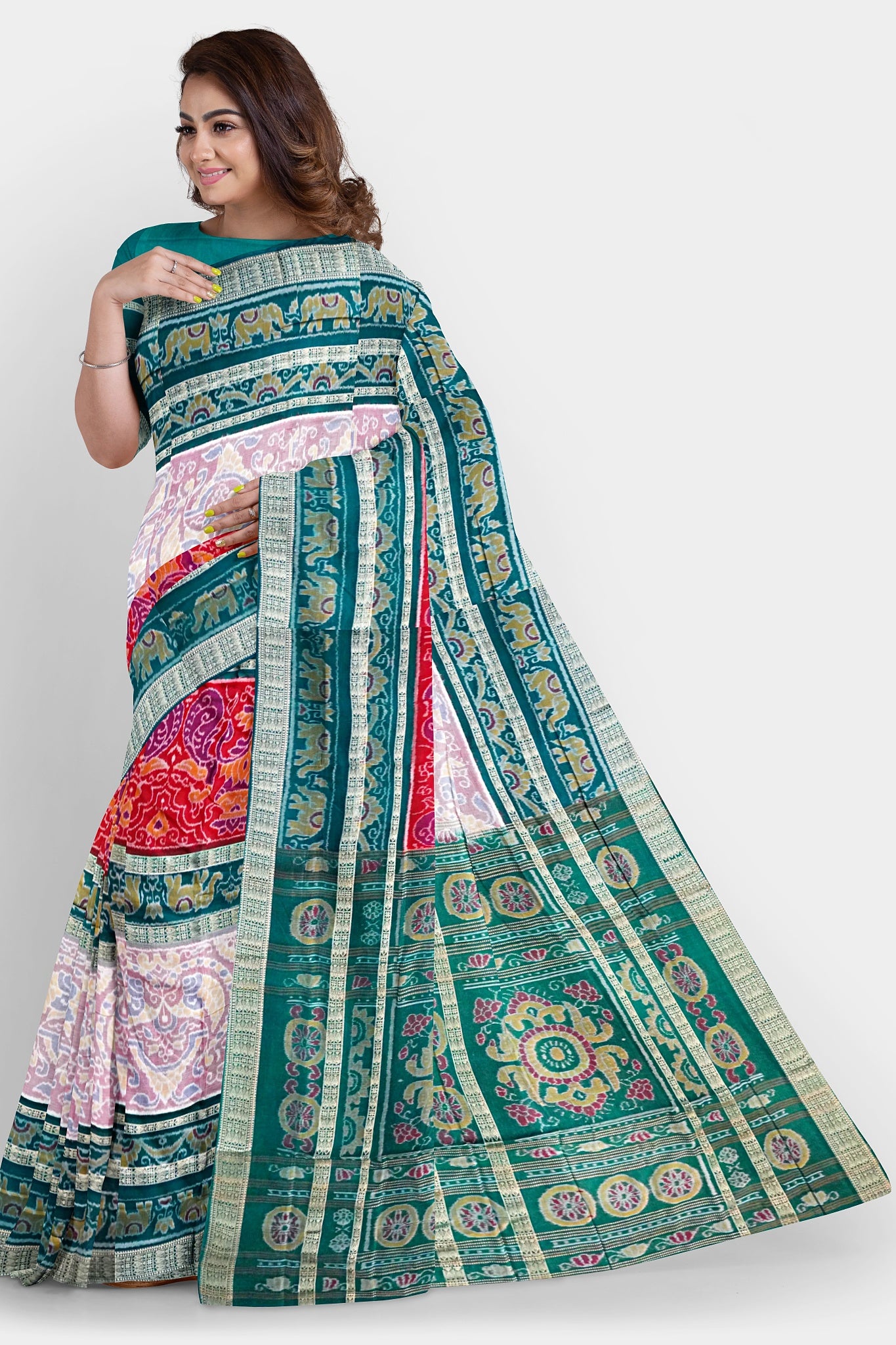 Peach, red, and dark green Sambalpuri cotton saree with body patterns of elephants, peacocks, kalash, and a pallu adorned with big and small flowers.