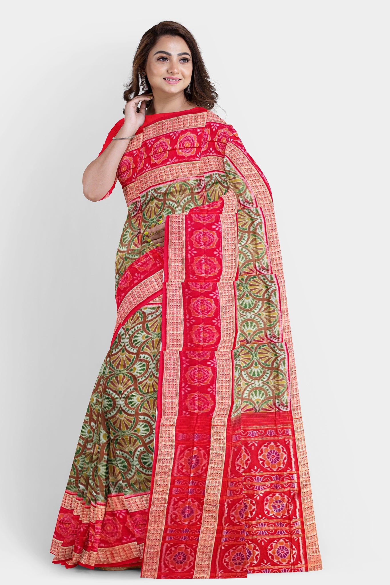 An olive and red Sambalpuri saree featuring traditional Sambalpuri patterns on the body and round flower designs on the pallu.