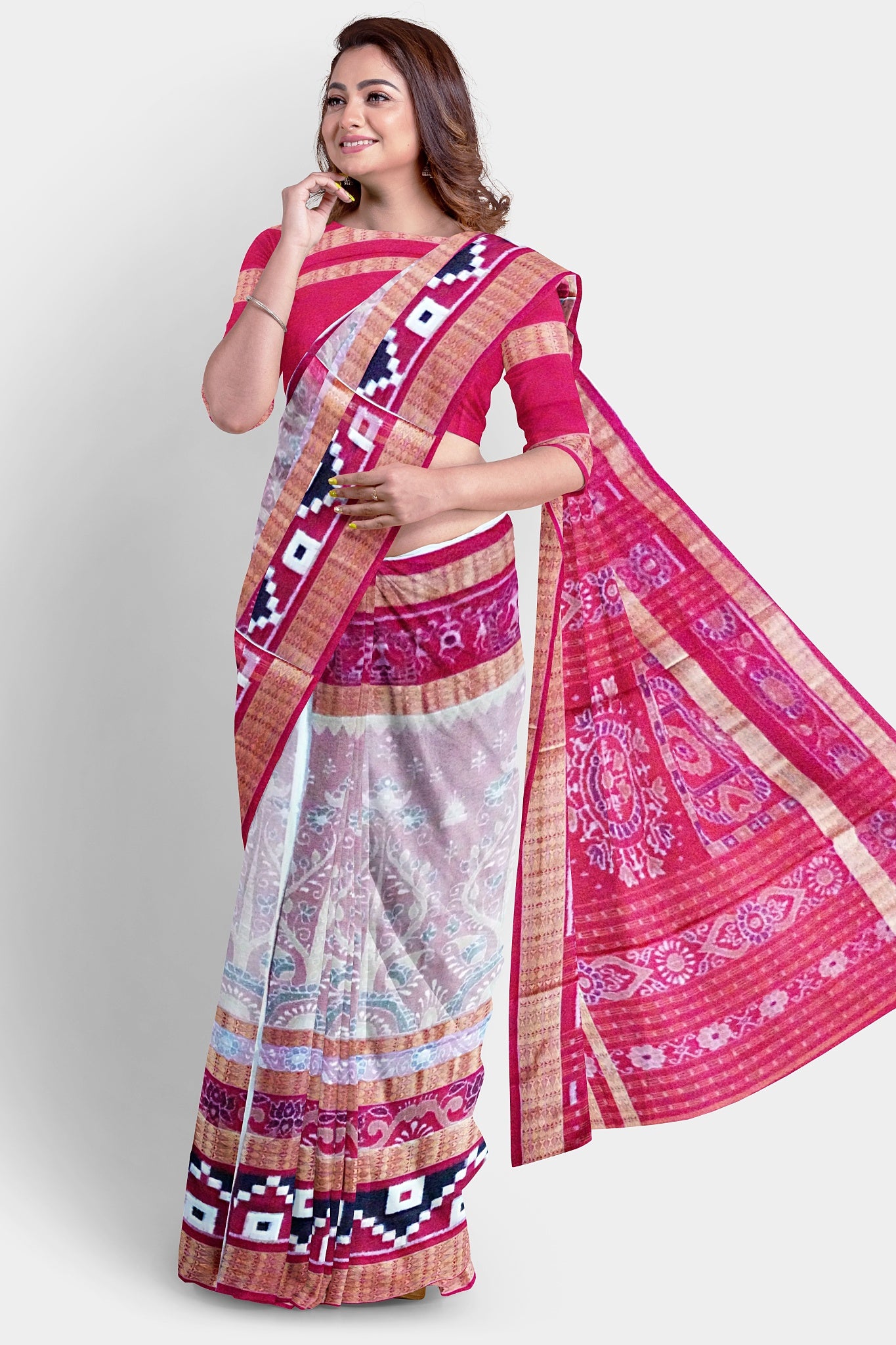 "HandwovenLovabalepink Red and Black Sambalpuri Half tissue silk saree with bandha pallu, complemented by a matching blouse piece. Elegant and traditional. (Copy) (Copy) (Copy) - Koshali Arts & Crafts Enterprise