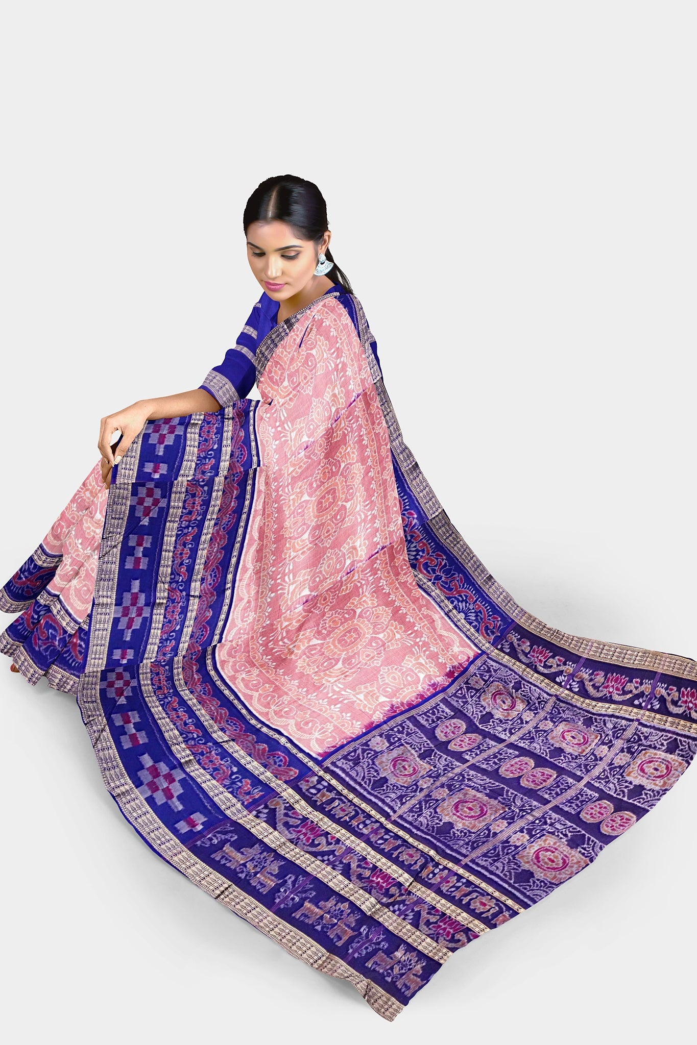 Peach and blue Sambalpuri cotton saree with duck and flower body pattern, featuring a big flower design on the pallu.