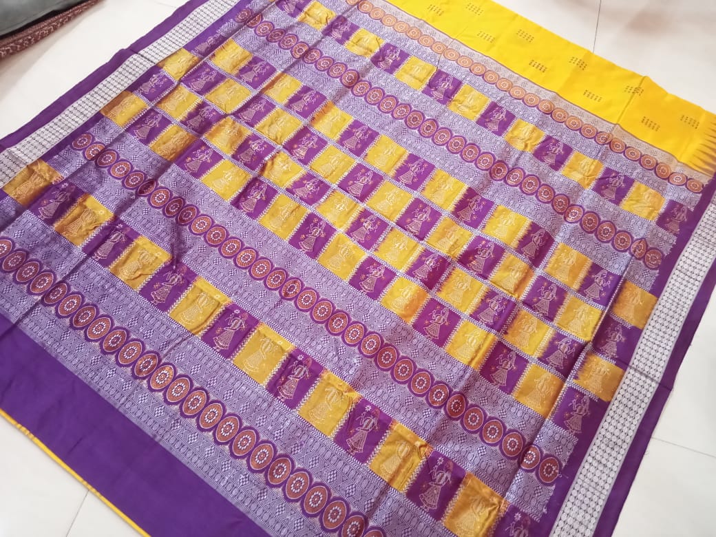 Full body and Pallu doll print Pure pata saree is Yellow and Purple color. - Koshali Arts & Crafts Enterprise