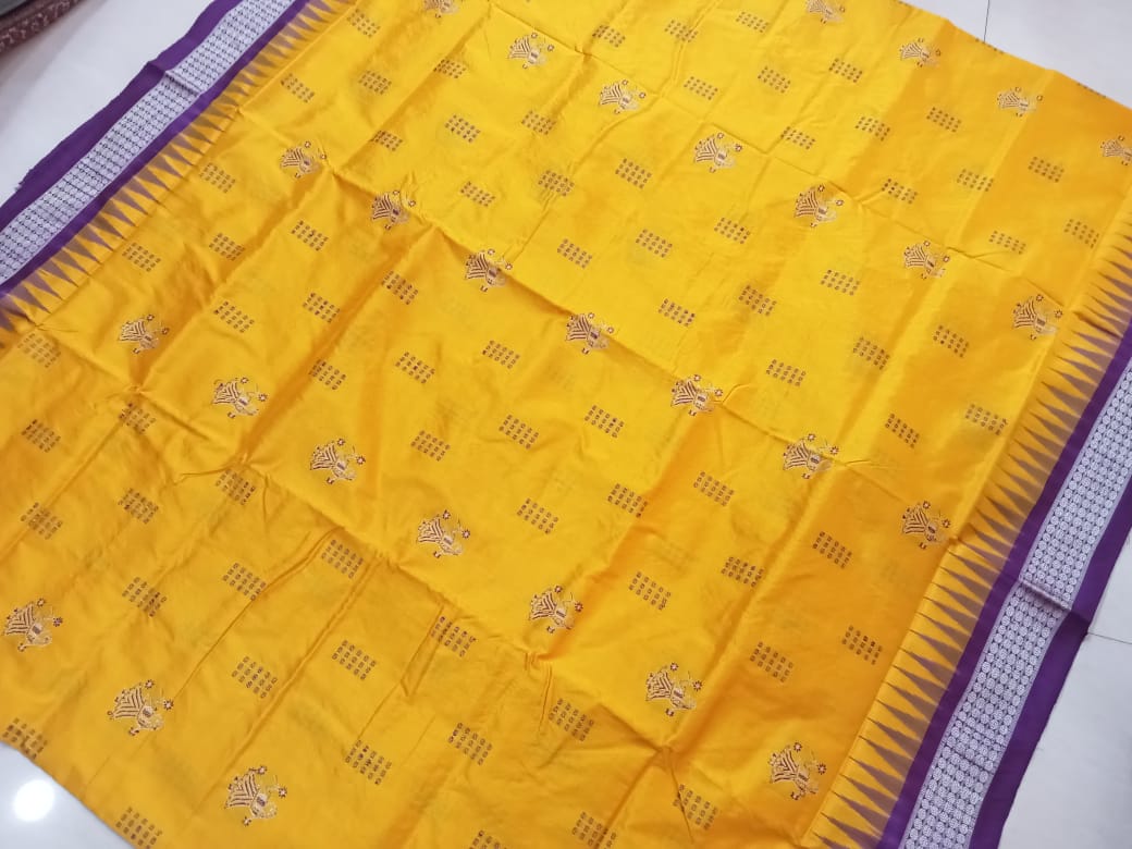 Full body and Pallu doll print Pure pata saree is Yellow and Purple color. - Koshali Arts & Crafts Enterprise
