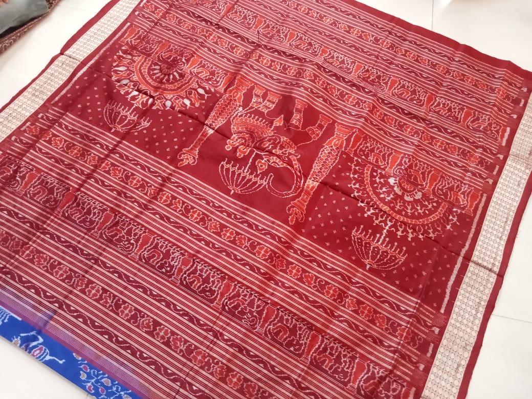 Royal elephant and terracotta pattern pure Pata saree  in Blue and Maroon color. - Koshali Arts & Crafts Enterprise