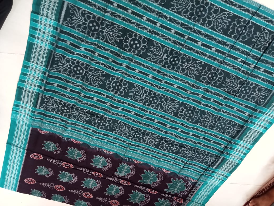 Coffee & Sea-green color Lotus design pure cotton saree. - Koshali Arts & Crafts Enterprise