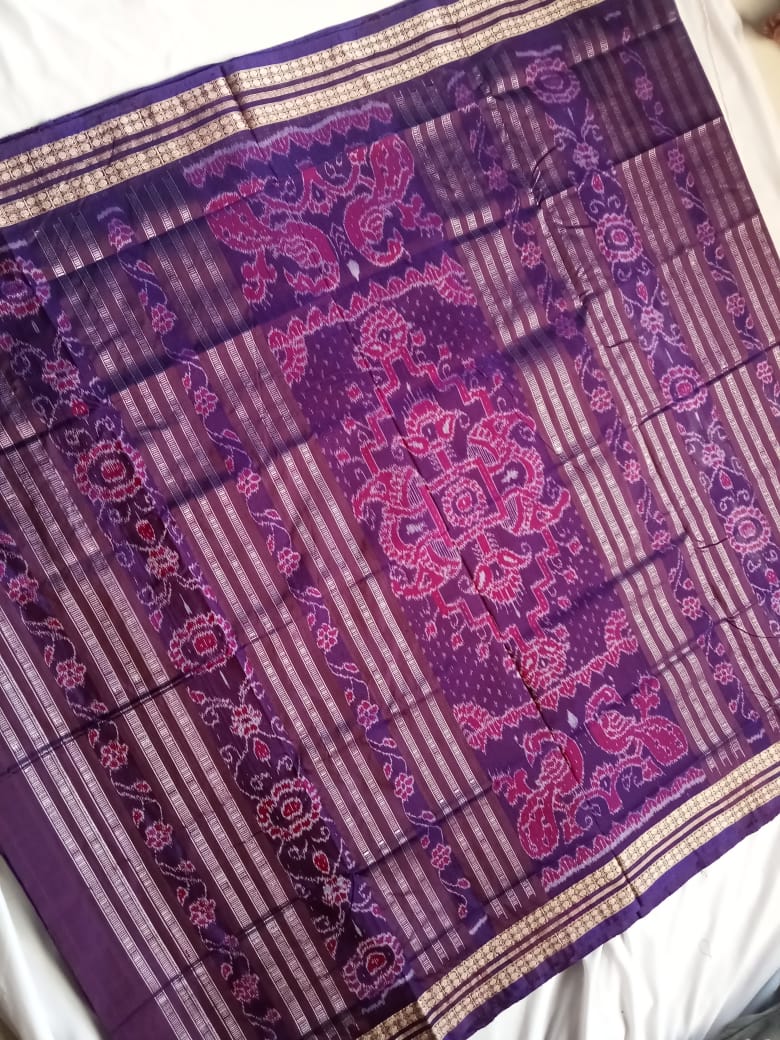 Zig zag pattern Sambalpuri pata saree in Purple & Silver color. - Koshali Arts & Crafts Enterprise