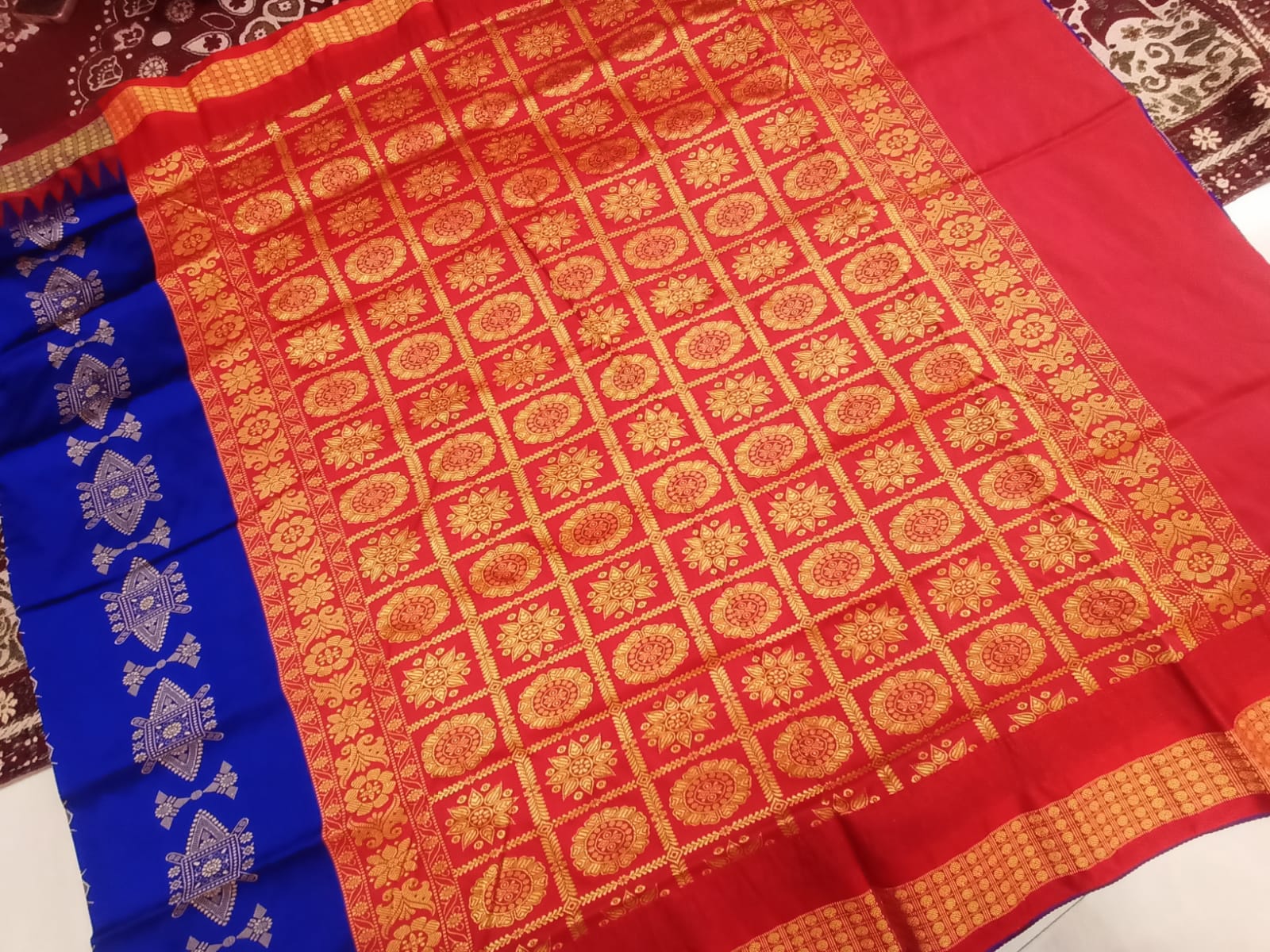 Blue and Maroon color Bomkei pattern papa silk saree(not handloom). - Koshali Arts & Crafts Enterprise