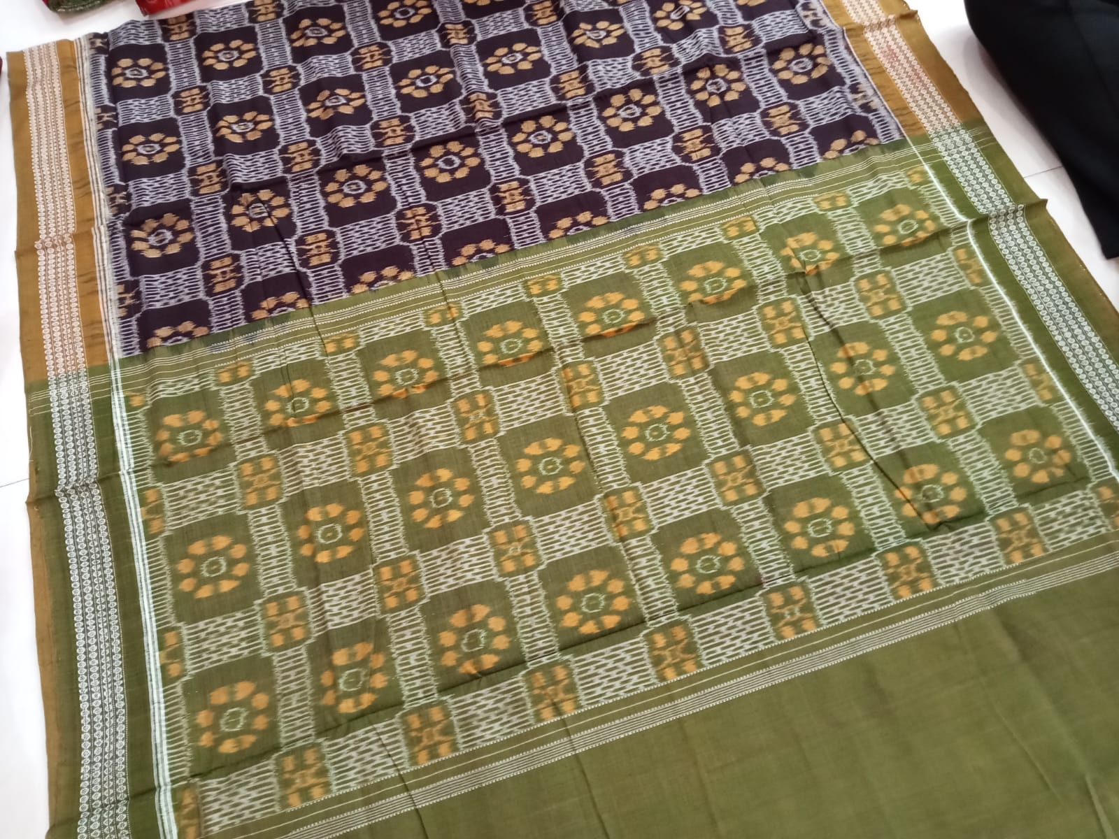 Coffee & Mehndi color flower design pure cotton saree. - Koshali Arts & Crafts Enterprise